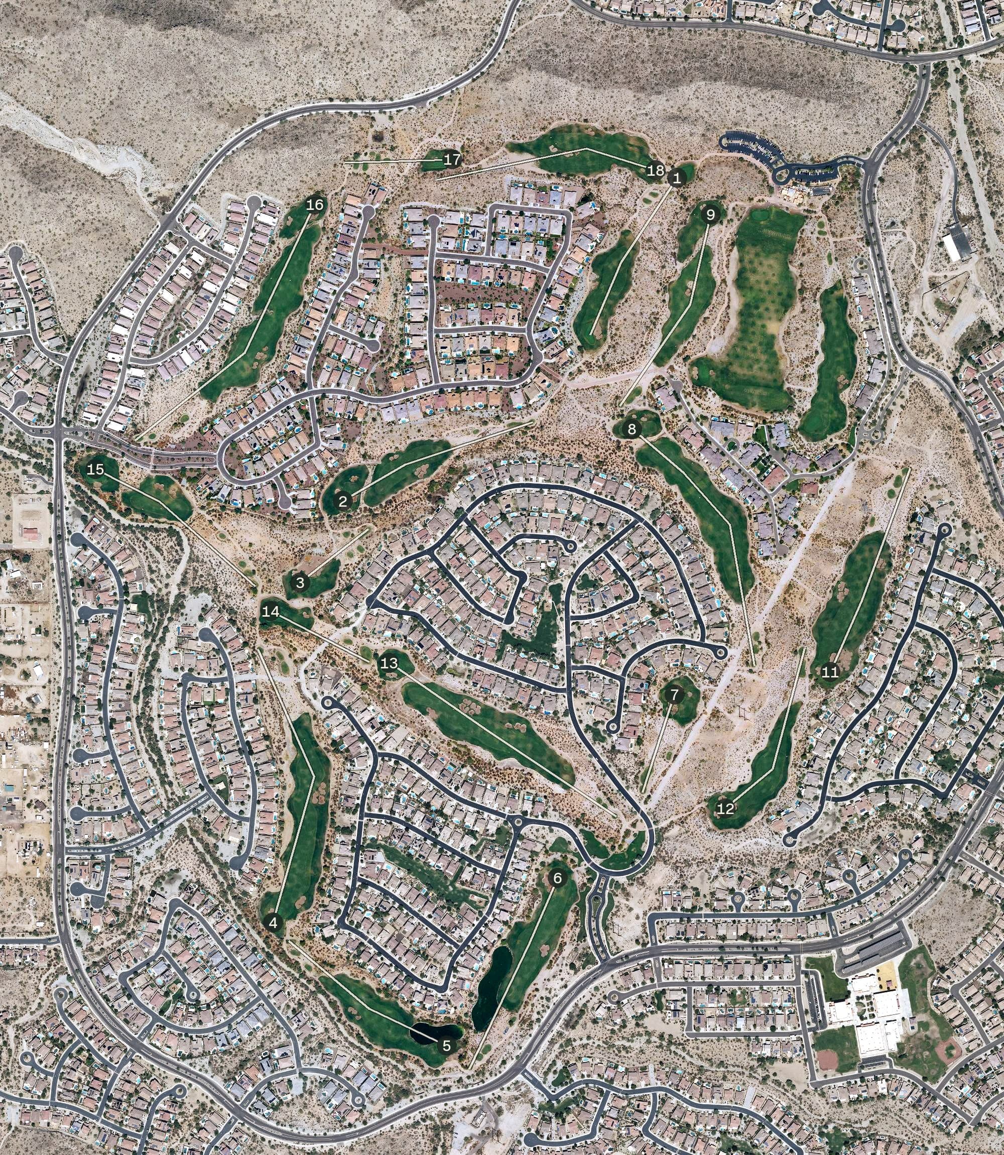 Aerial view of Golf Club of Estrella, AZ, with its hole routing marked