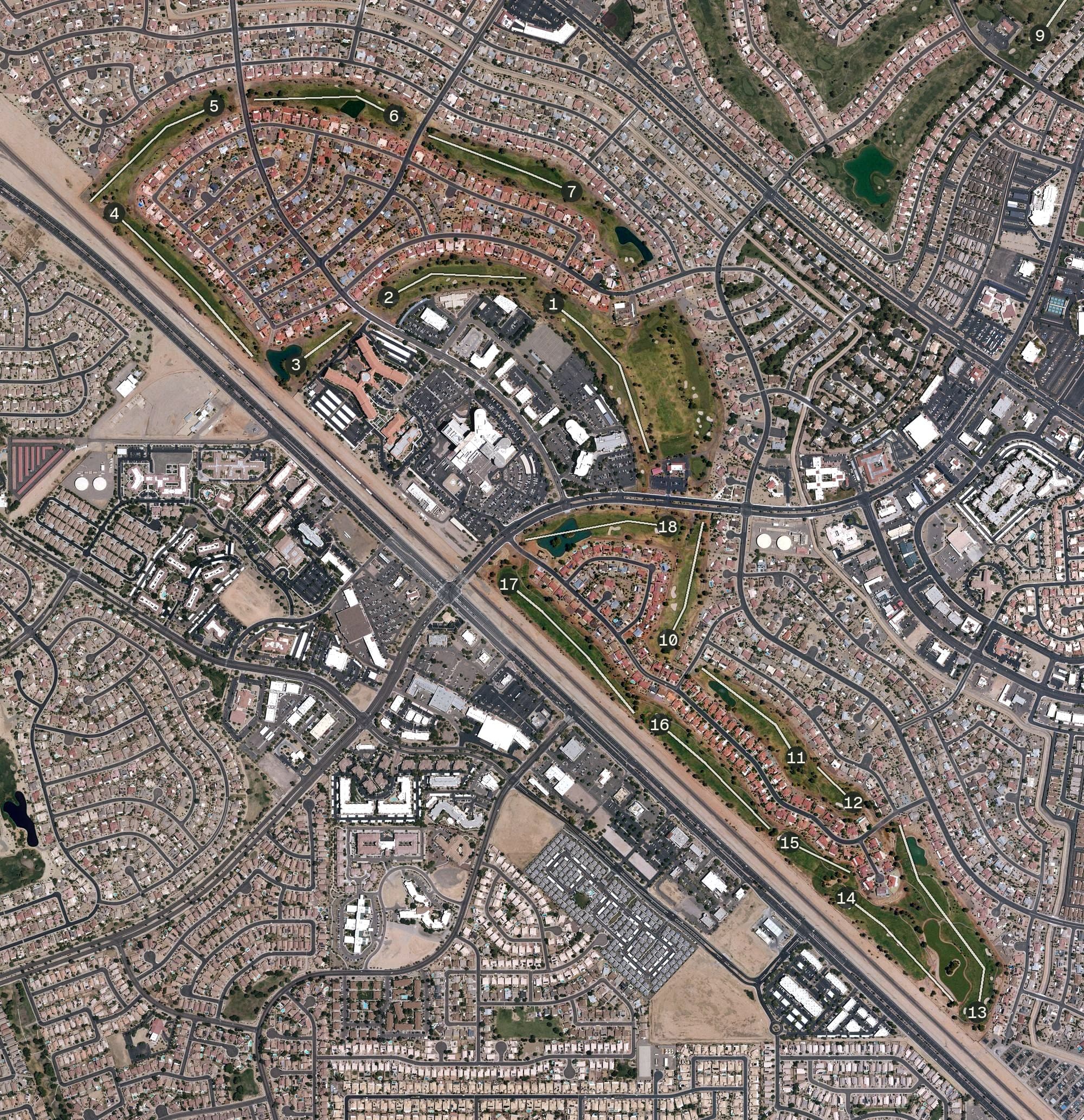 Aerial view of Grandview Golf Course, AZ, with its hole routing marked