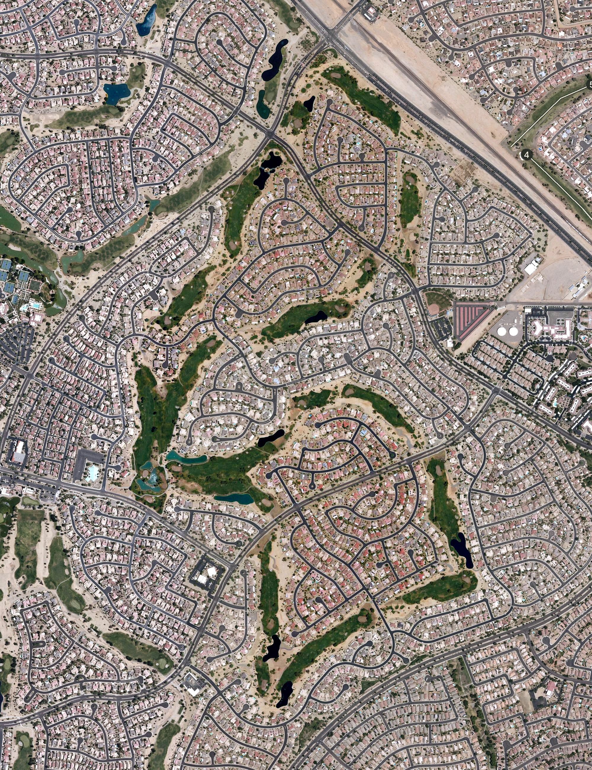 Aerial view of Granite Falls Golf Club - North, AZ, with its hole routing marked