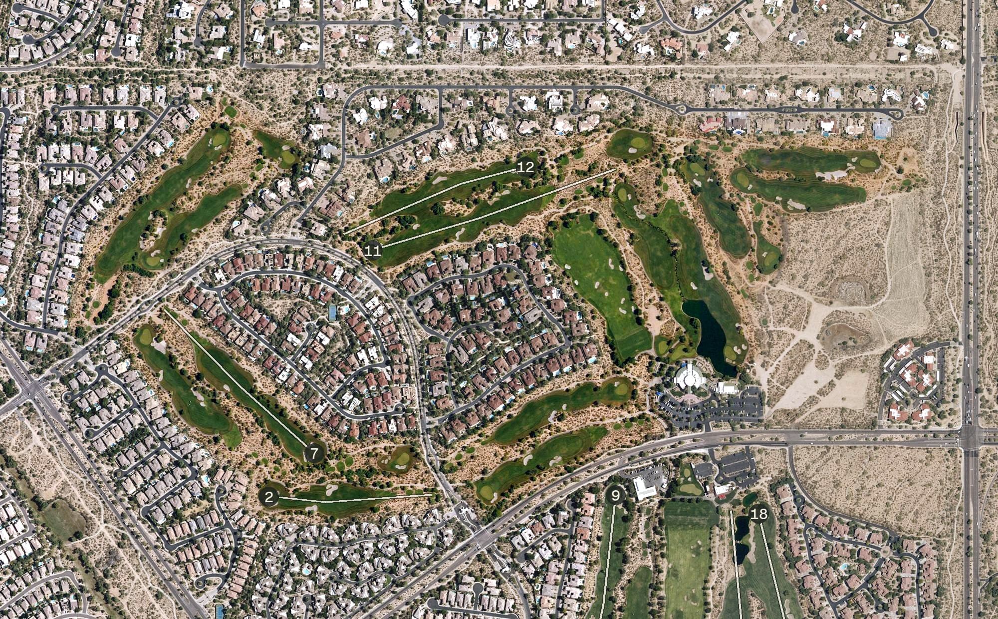 Aerial view of Grayhawk Golf Club - Raptor Course, AZ, with its hole routing marked