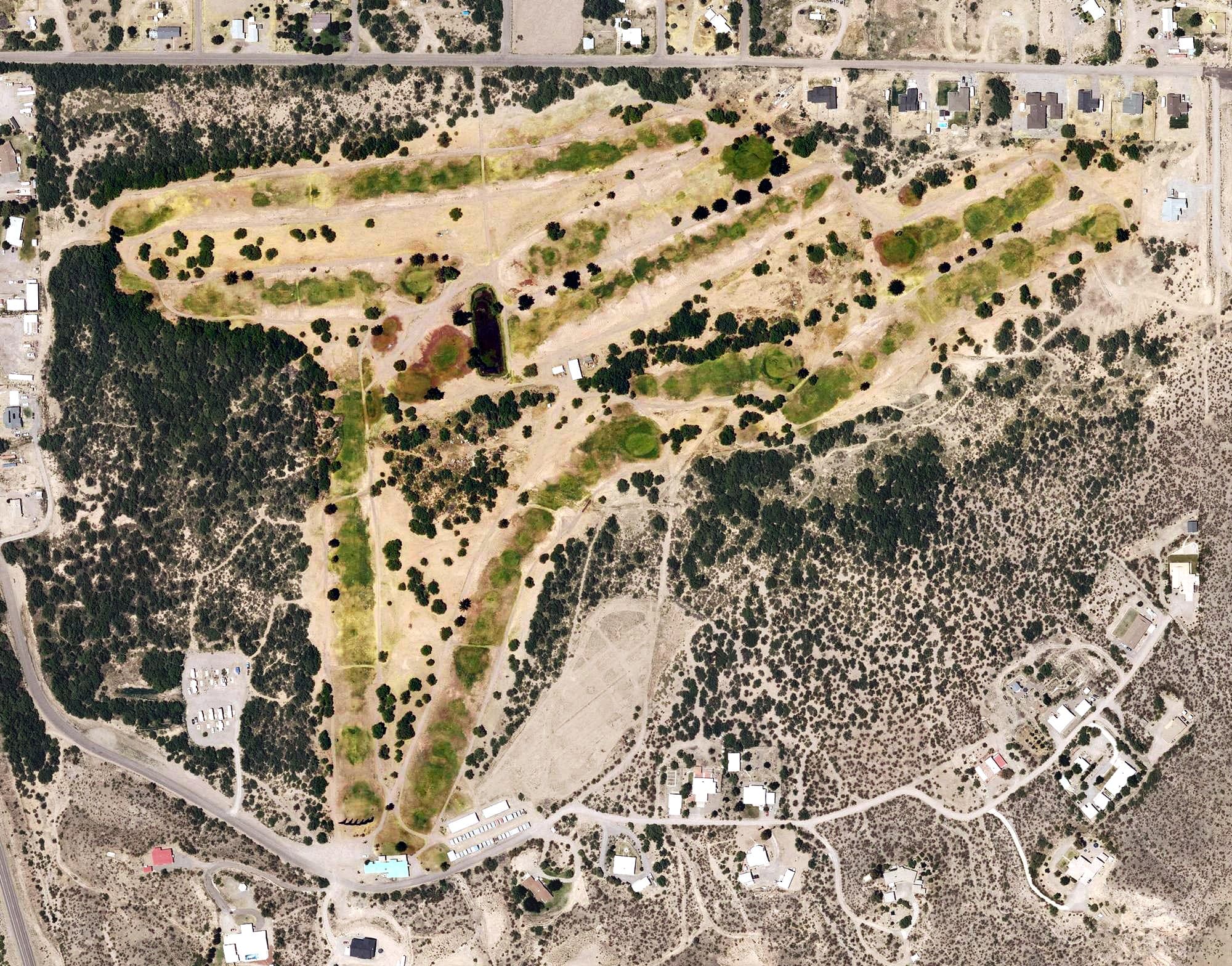 Aerial view of Greenlee Country Club, AZ, with its hole routing marked