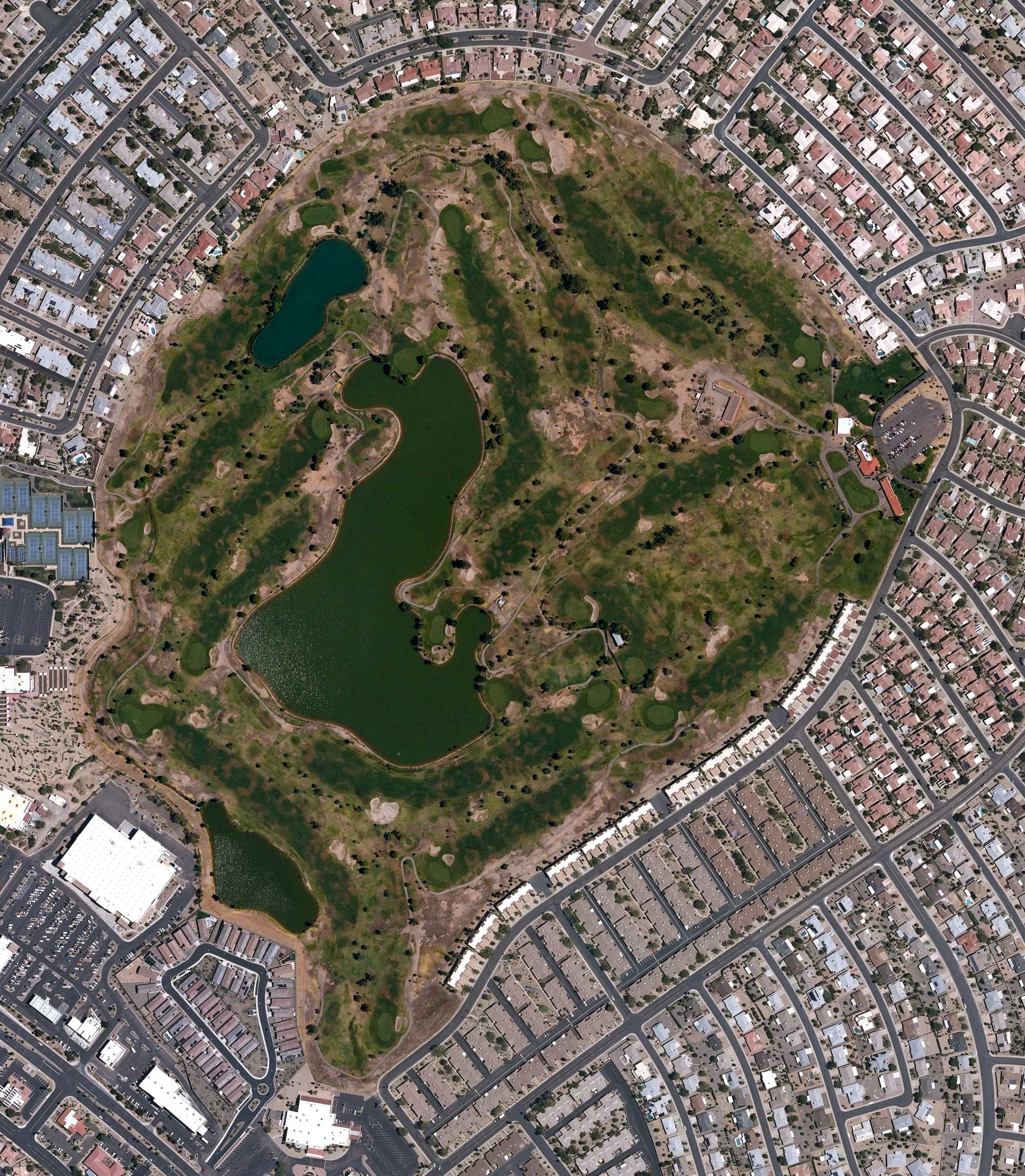Aerial view of Hillcrest Golf Club, AZ, with its hole routing marked
