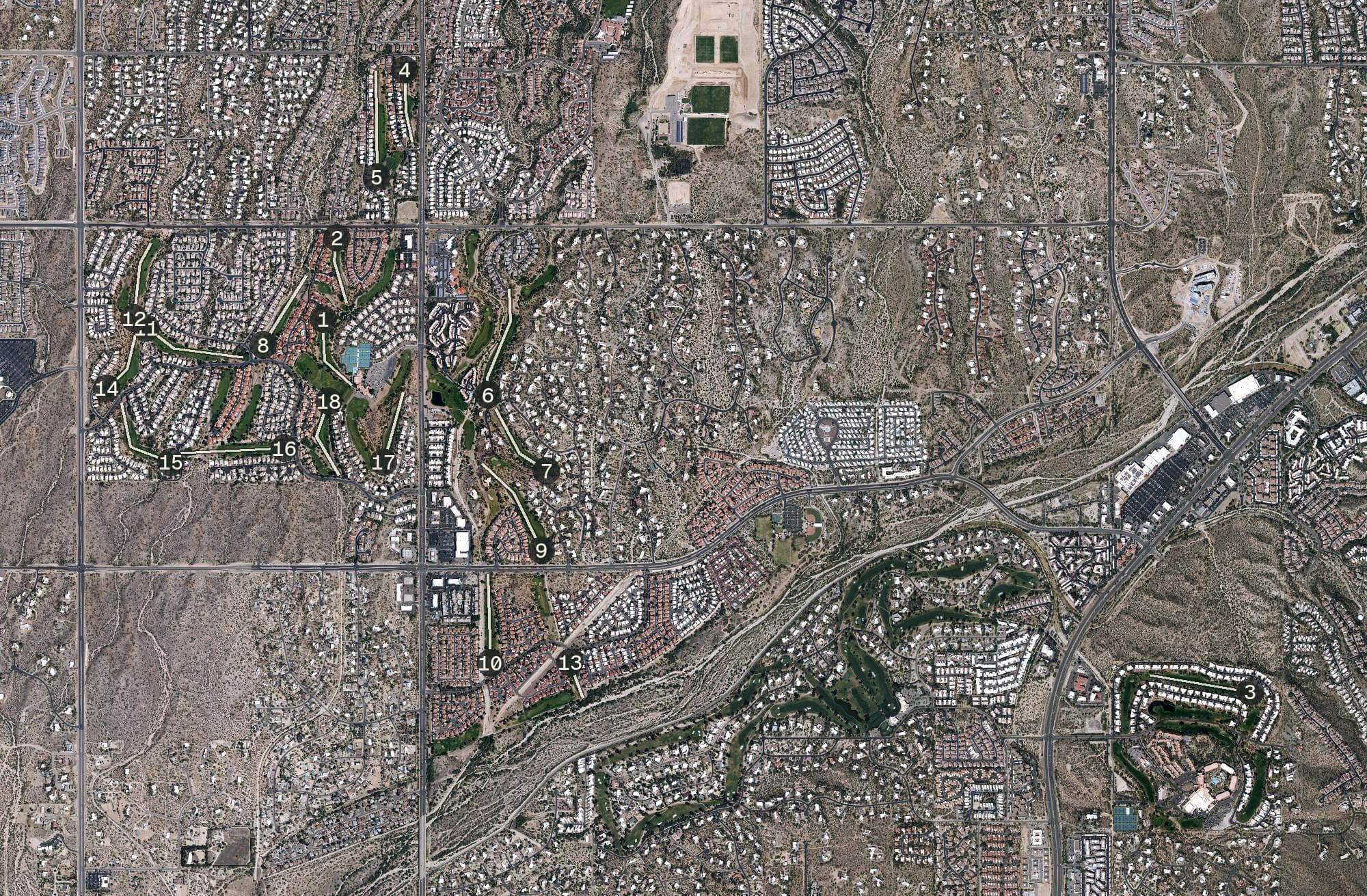 Aerial view of Hilton El Conquistador Country Club, AZ, with its hole routing marked