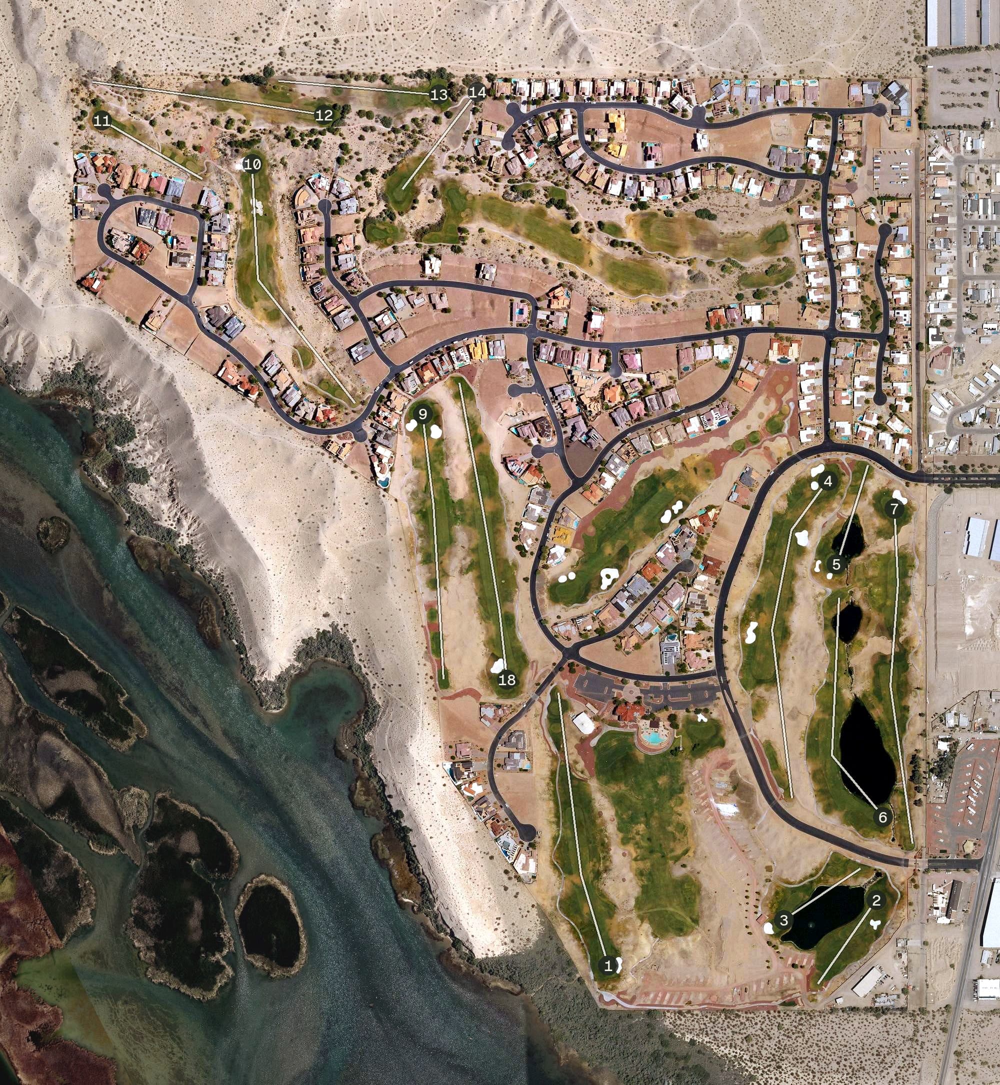 Aerial view of Iron Wolf Golf & Country Club, AZ, with its hole routing marked