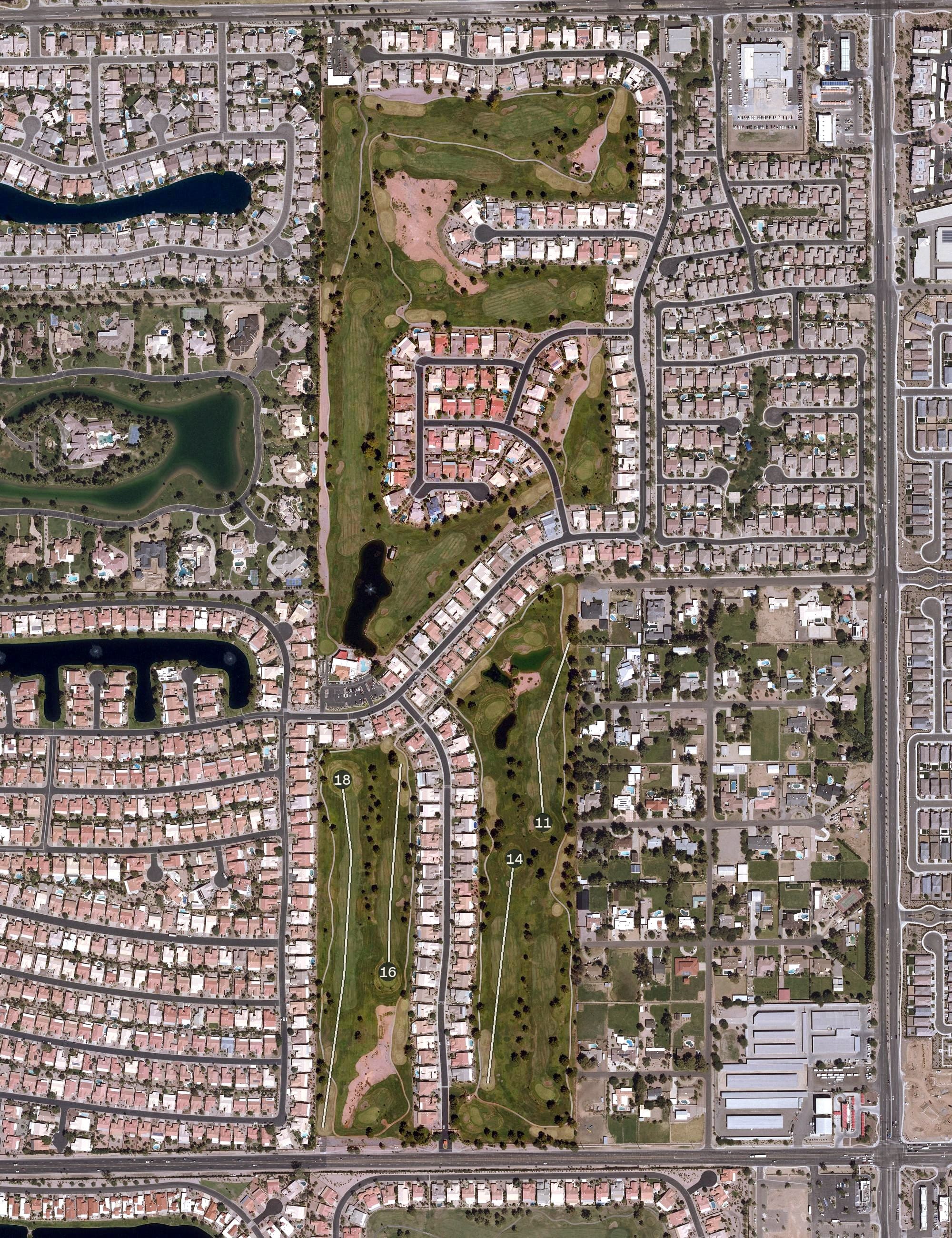 Aerial view of Ironwood Golf Club, AZ, with its hole routing marked