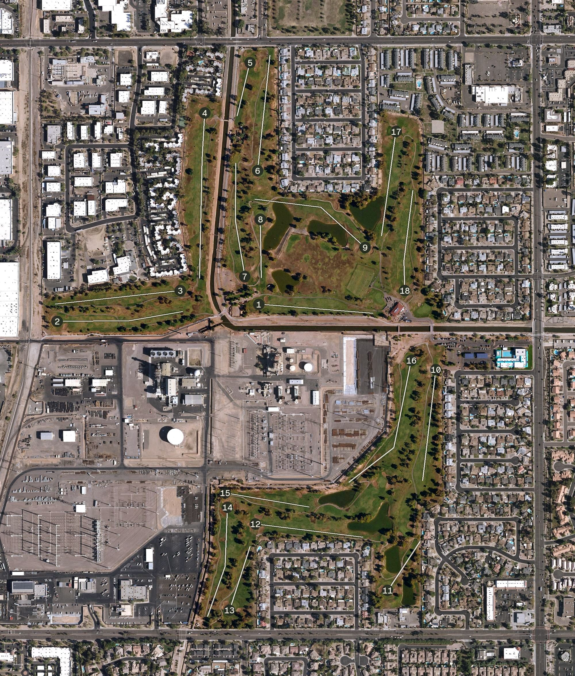 Aerial view of Ken McDonald Golf Course, AZ, with its hole routing marked