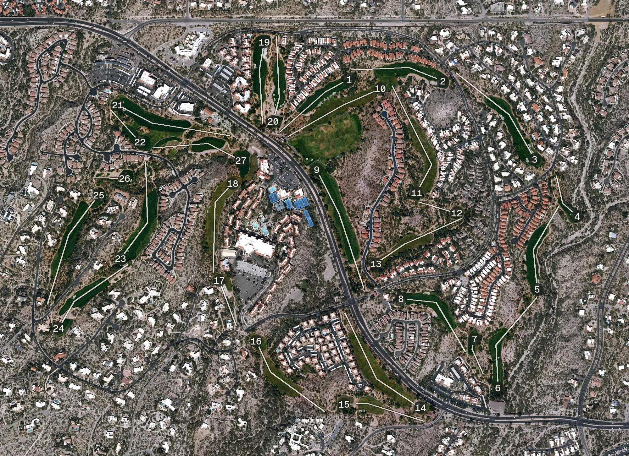 Aerial view of La Paloma Golf Club, AZ, with its hole routing marked