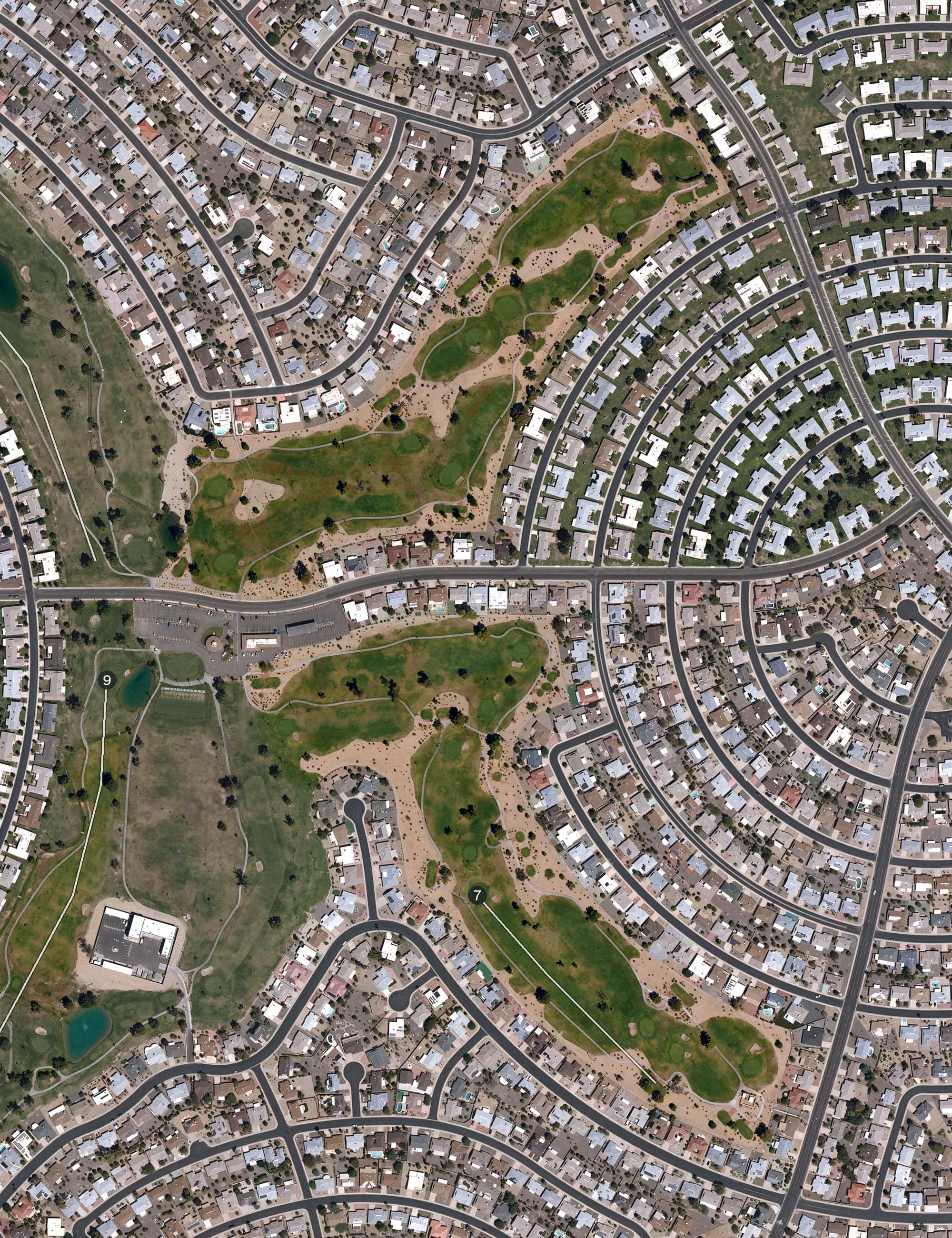 Aerial view of Lakes East Golf Course, AZ, with its hole routing marked