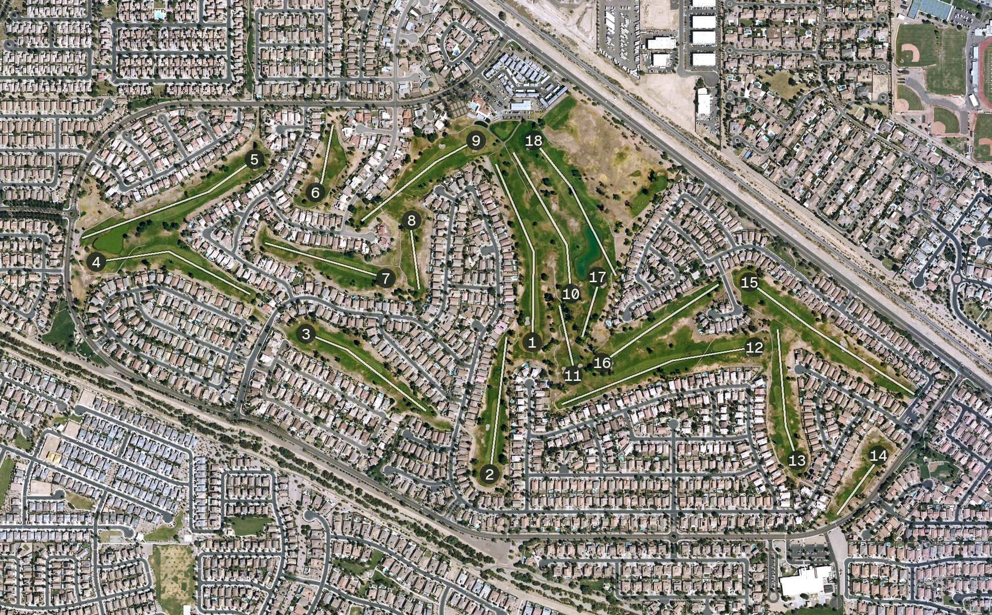 Aerial view of Las Colinas Golf Club, AZ, with its hole routing marked