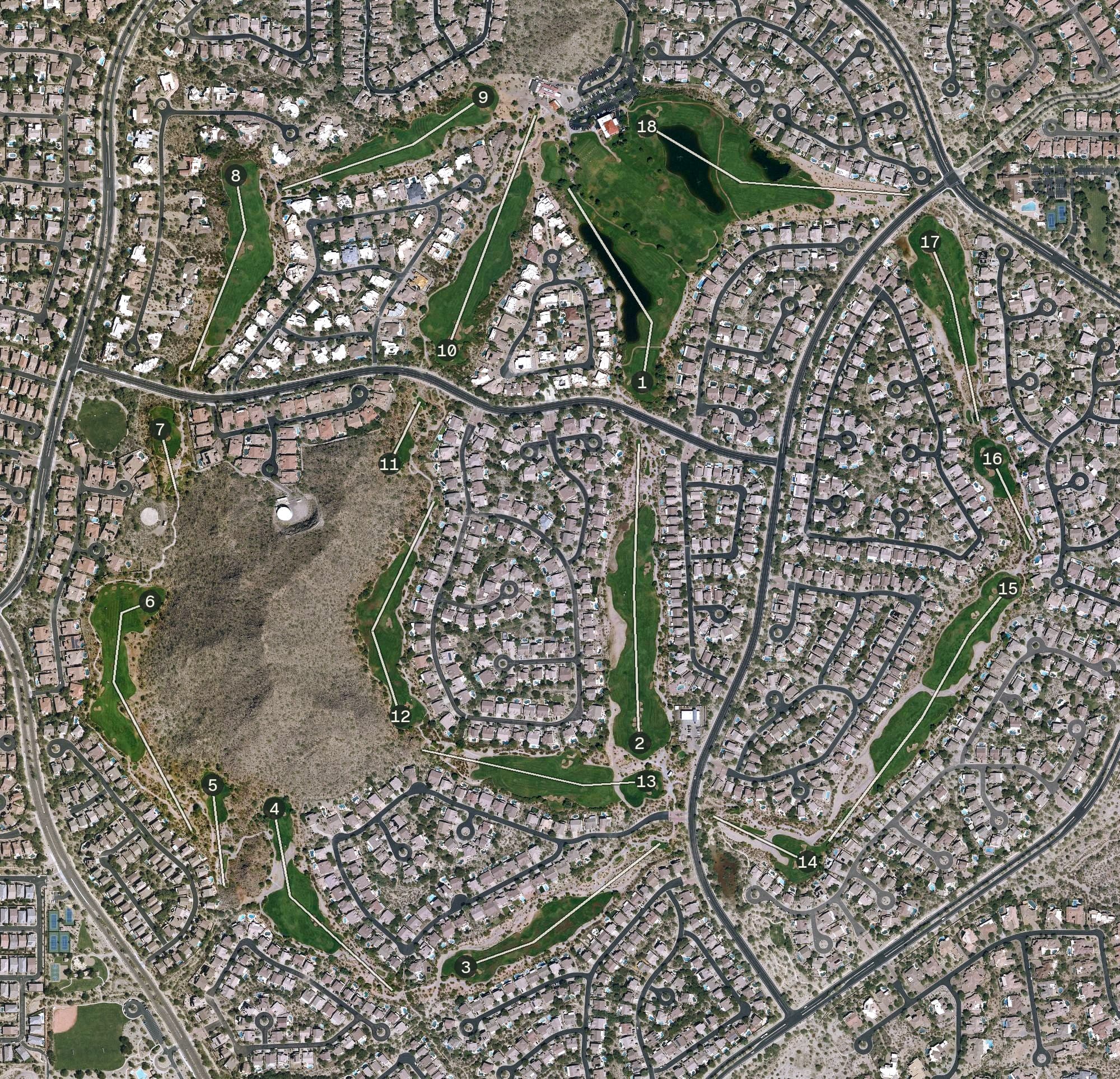 Aerial view of Las Sendas Golf Club, AZ, with its hole routing marked