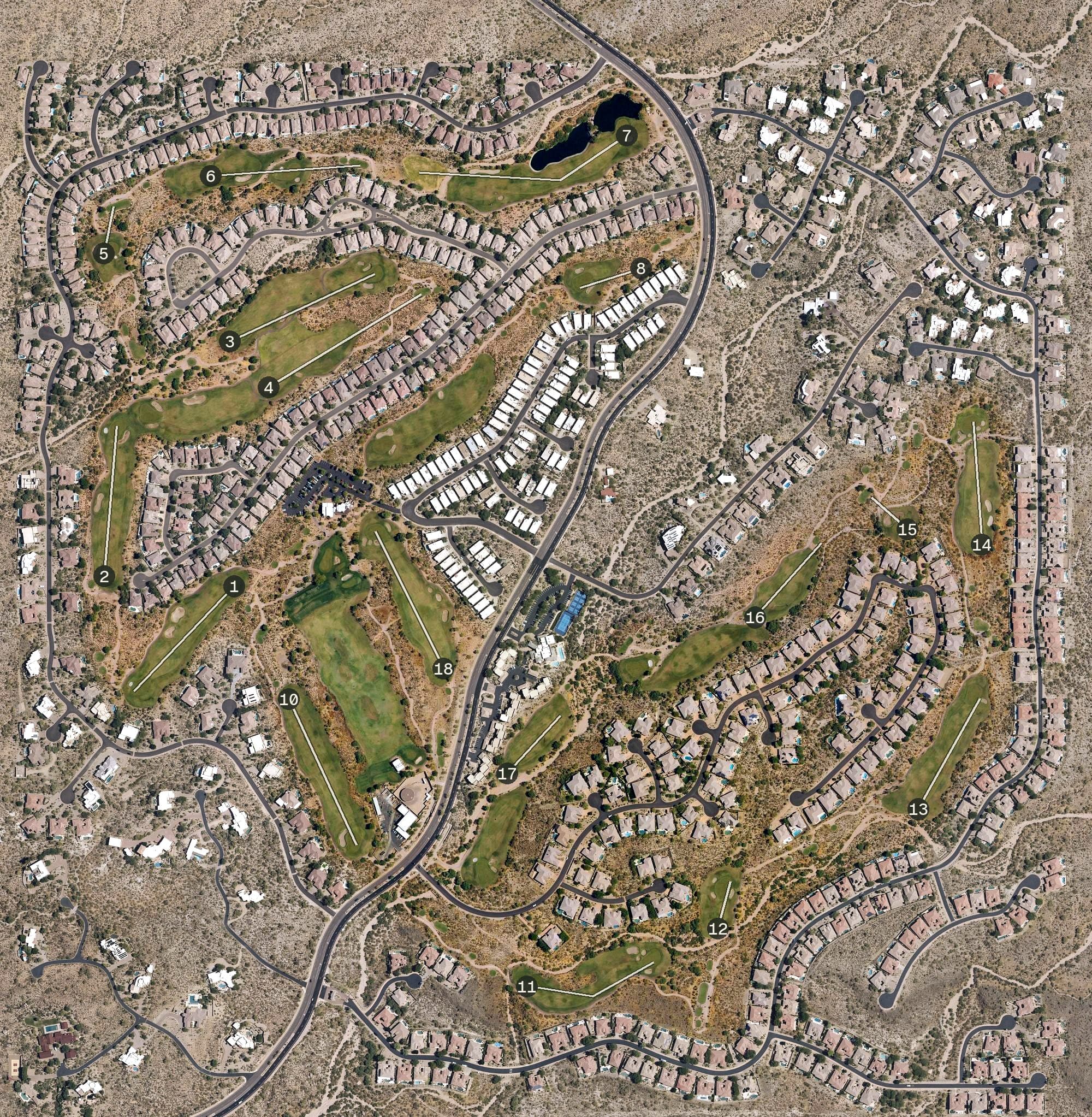 Aerial view of Legend Trail Golf Club, AZ, with its hole routing marked