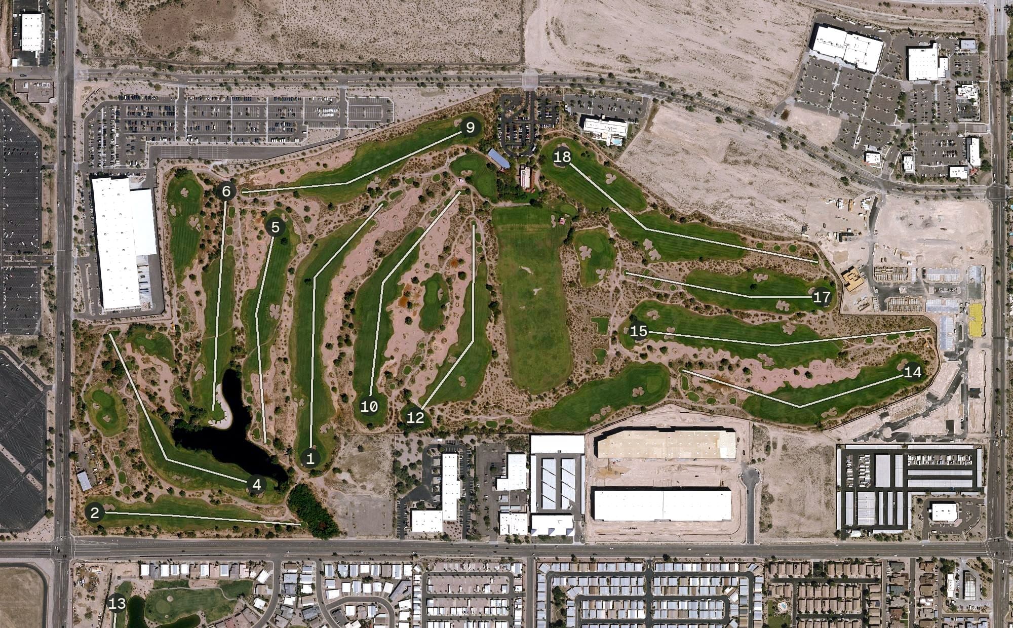 Aerial view of Longbow Golf Club, AZ, with its hole routing marked