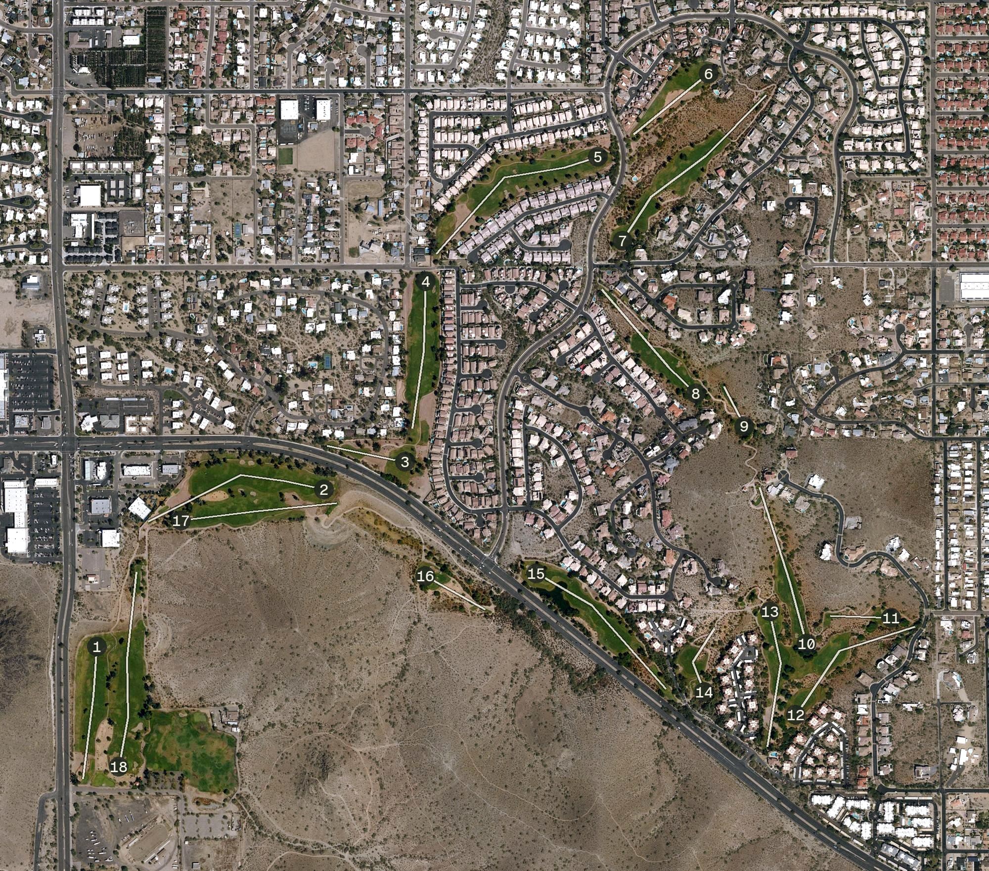 Aerial view of Lookout Mountain Golf Club, AZ, with its hole routing marked