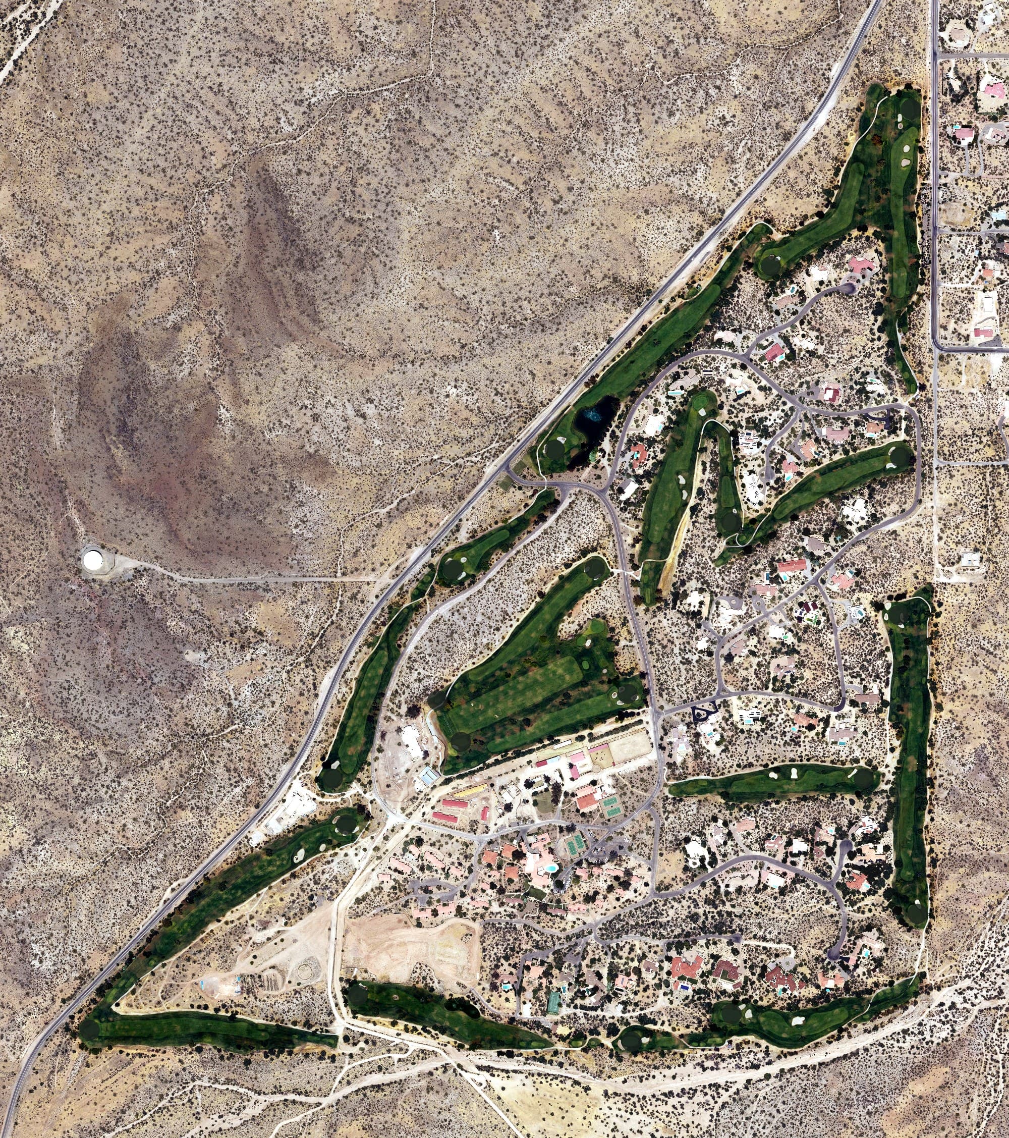 Aerial view of Los Caballeros Golf Club, AZ, with its hole routing marked