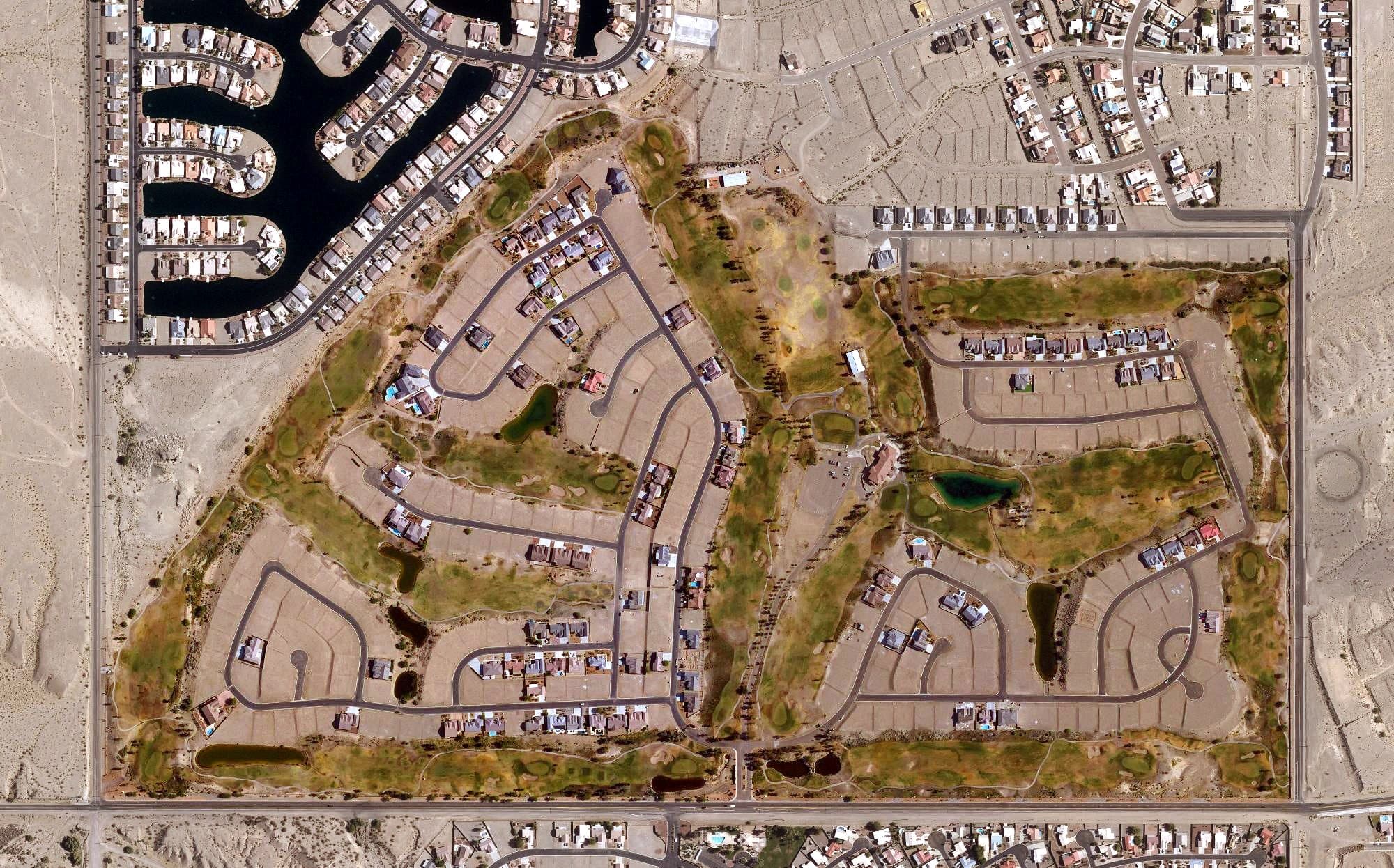 Aerial view of Los Lagos Golf Course, AZ, with its hole routing marked
