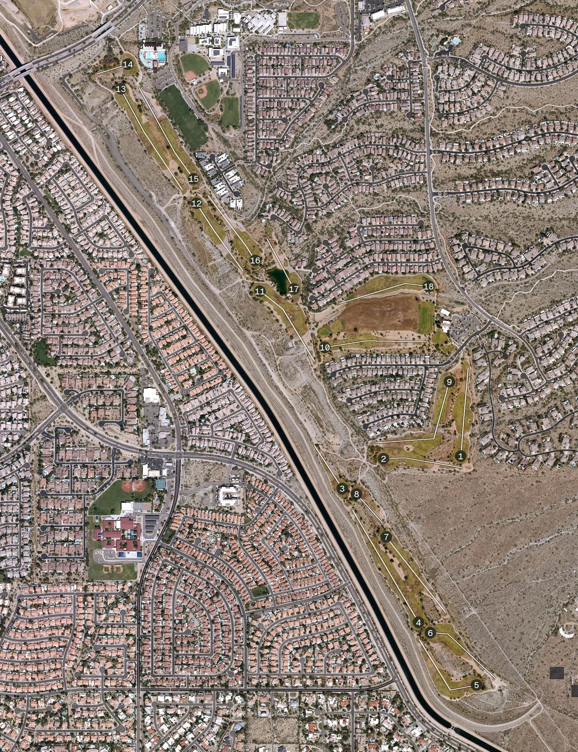 Aerial view of McDowell Mountain Golf Club, AZ, with its hole routing marked