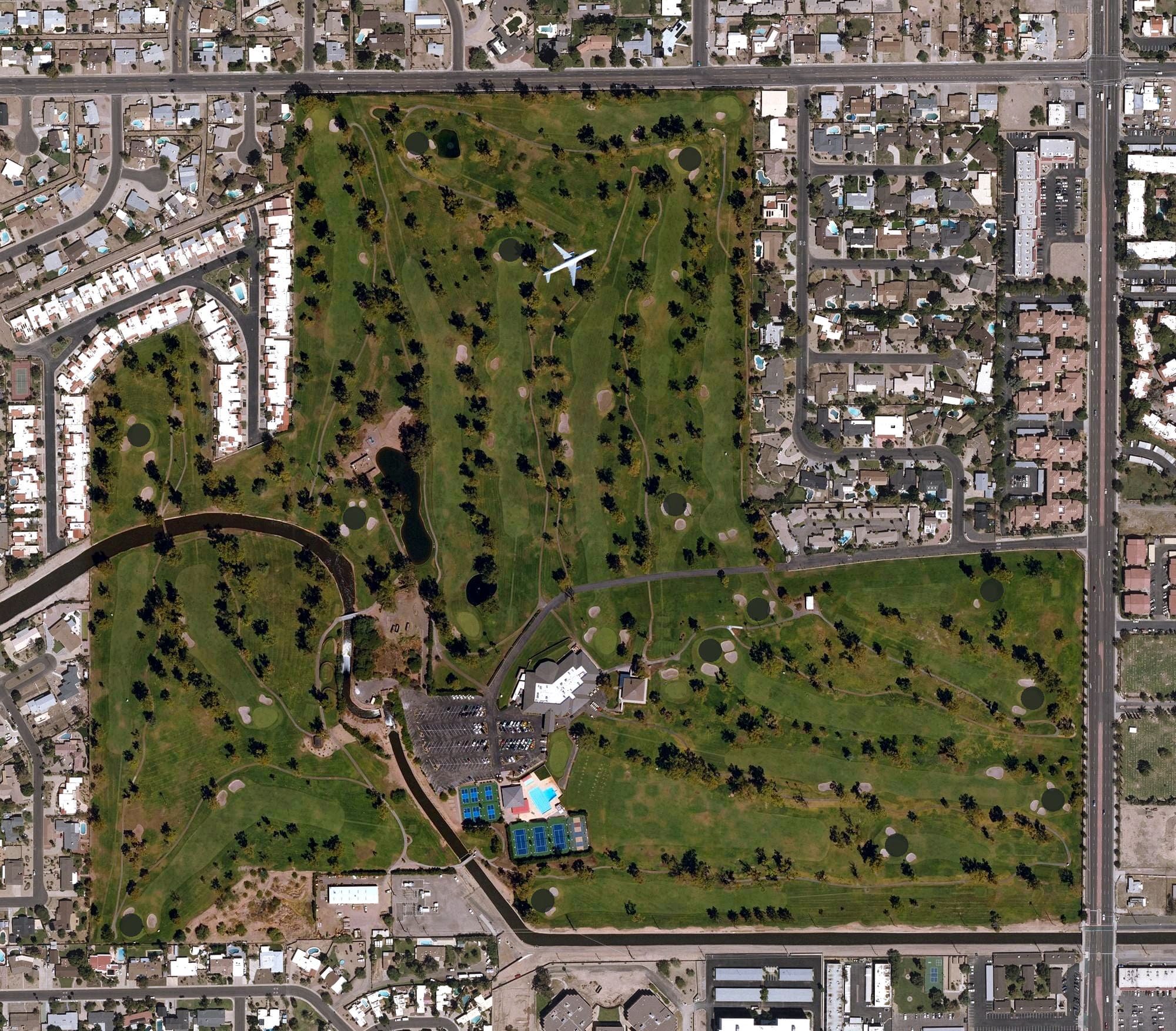 Aerial view of Mesa Country Club Golf Course, AZ, with its hole routing marked