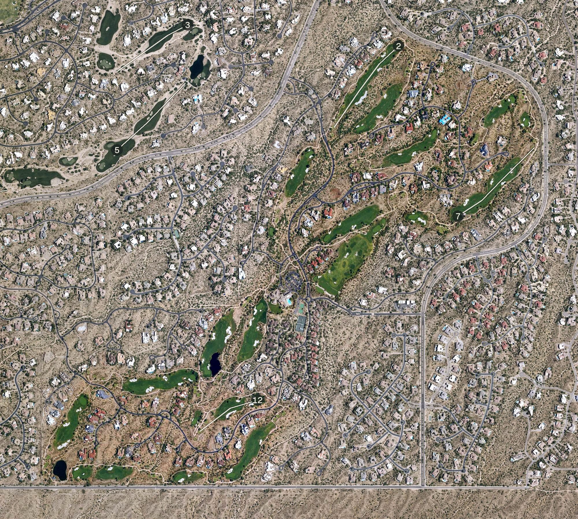 Aerial view of Mirabel Golf Club, AZ, with its hole routing marked