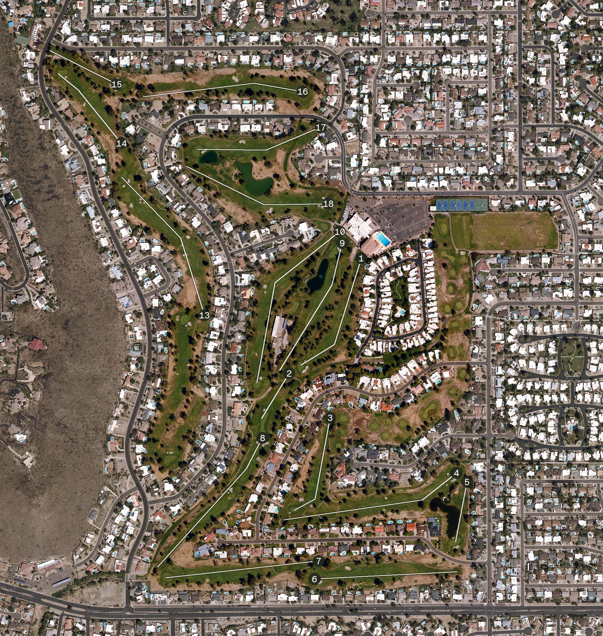 Aerial view of Moon Valley Country Club, AZ, with its hole routing marked