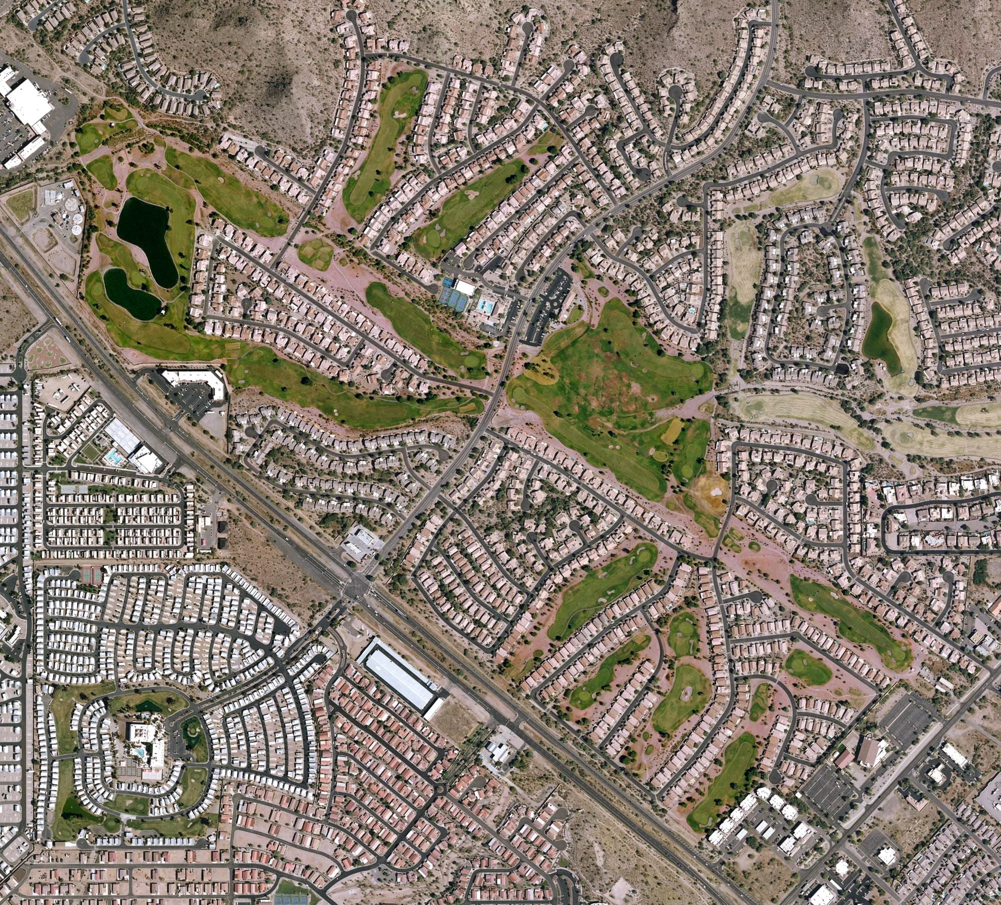 Aerial view of Mountain Brook Golf Club, AZ, with its hole routing marked