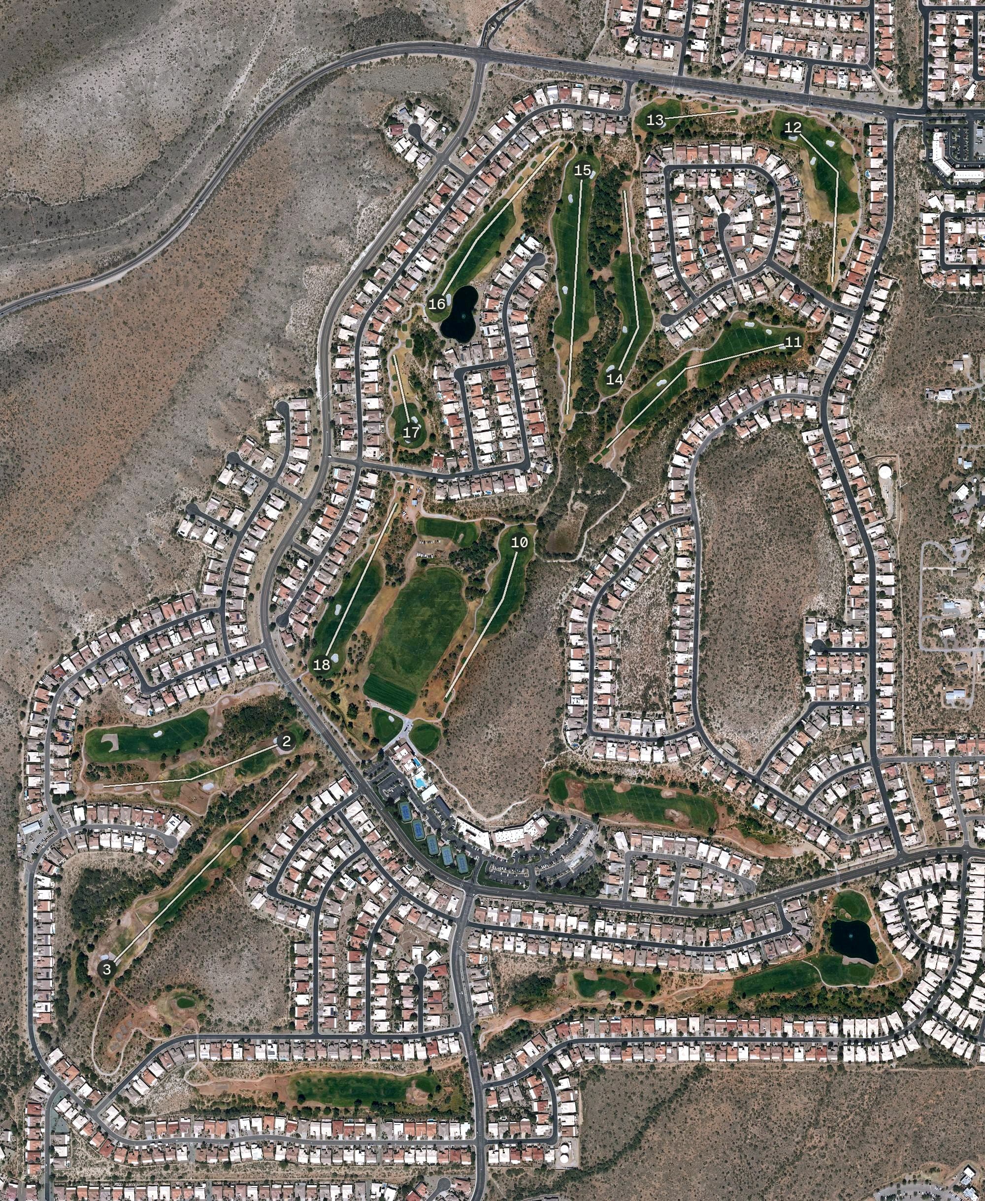 Aerial view of Mountain View Golf Club, AZ, with its hole routing marked