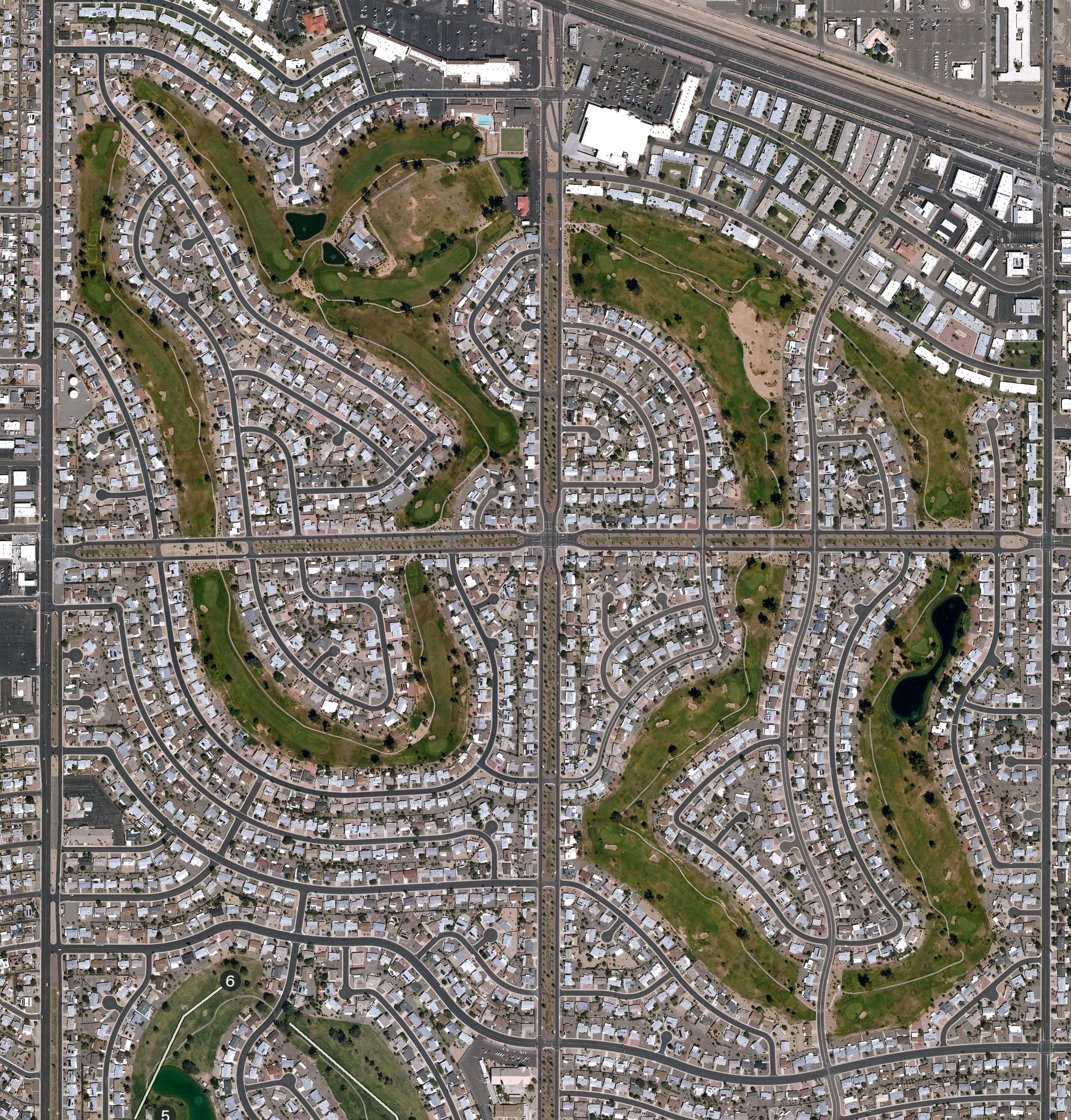 Aerial view of North Golf Course (Sun City), AZ, with its hole routing marked