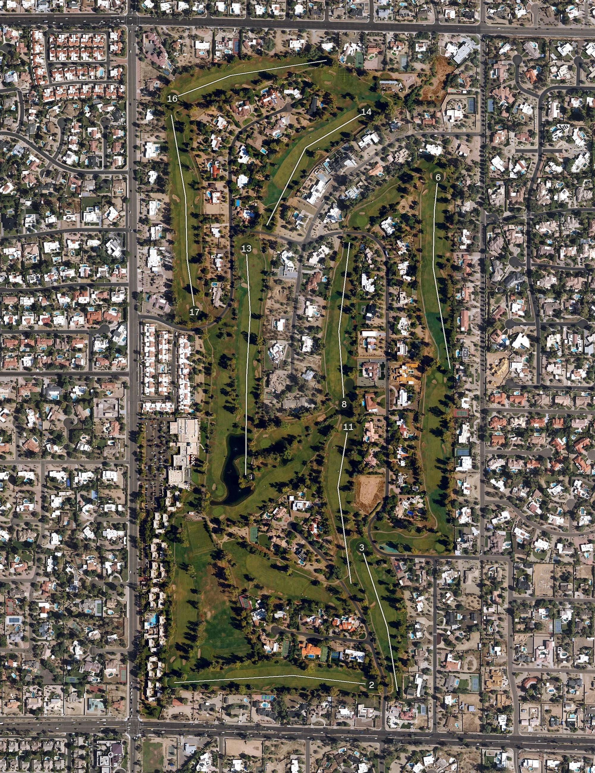 Aerial view of Orange Tree Golf Resort, AZ, with its hole routing marked