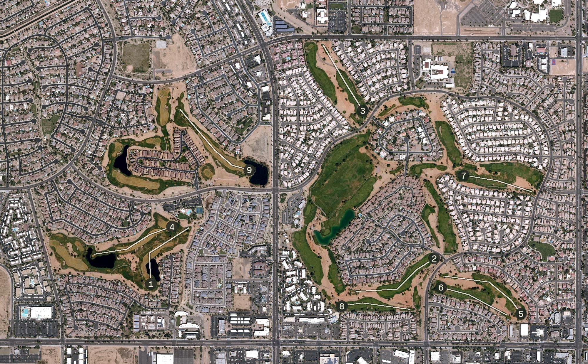 Aerial view of Palm Valley Golf Club, AZ, with its hole routing marked