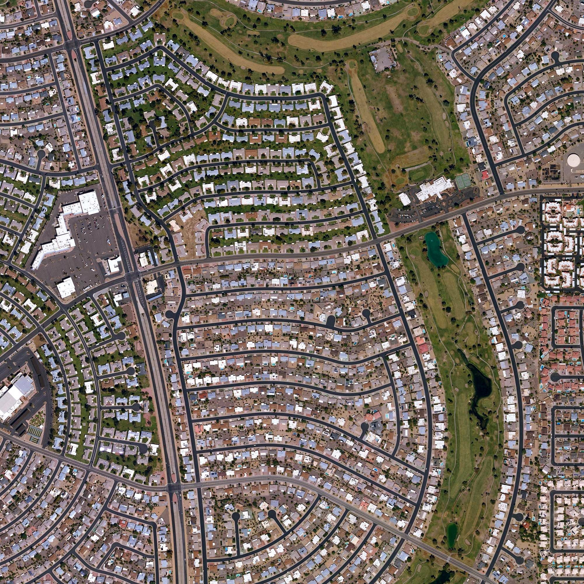 Aerial view of Palmbrook Country Club, AZ, with its hole routing marked