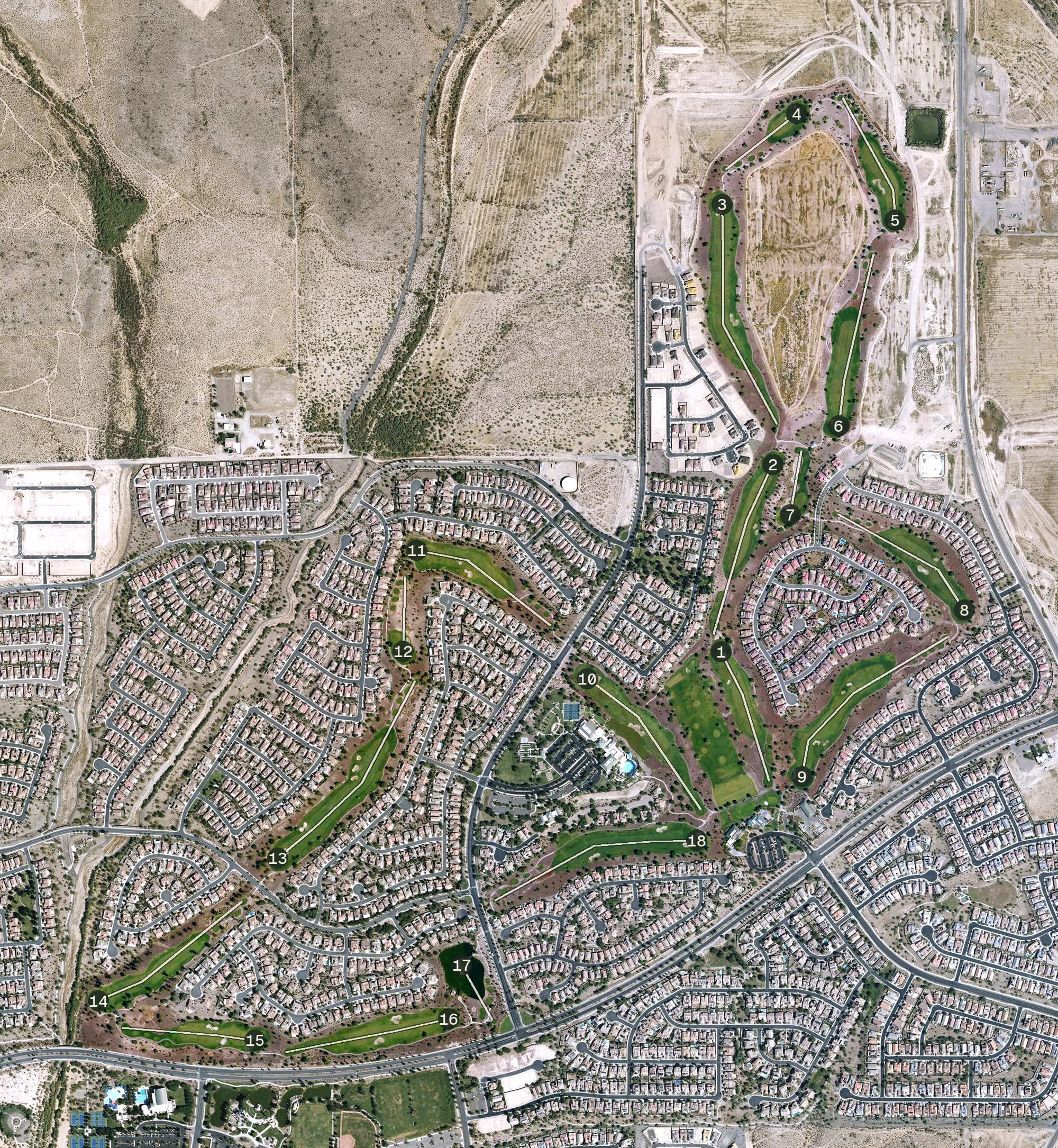 Aerial view of Poston Butte Golf Club, AZ, with its hole routing marked