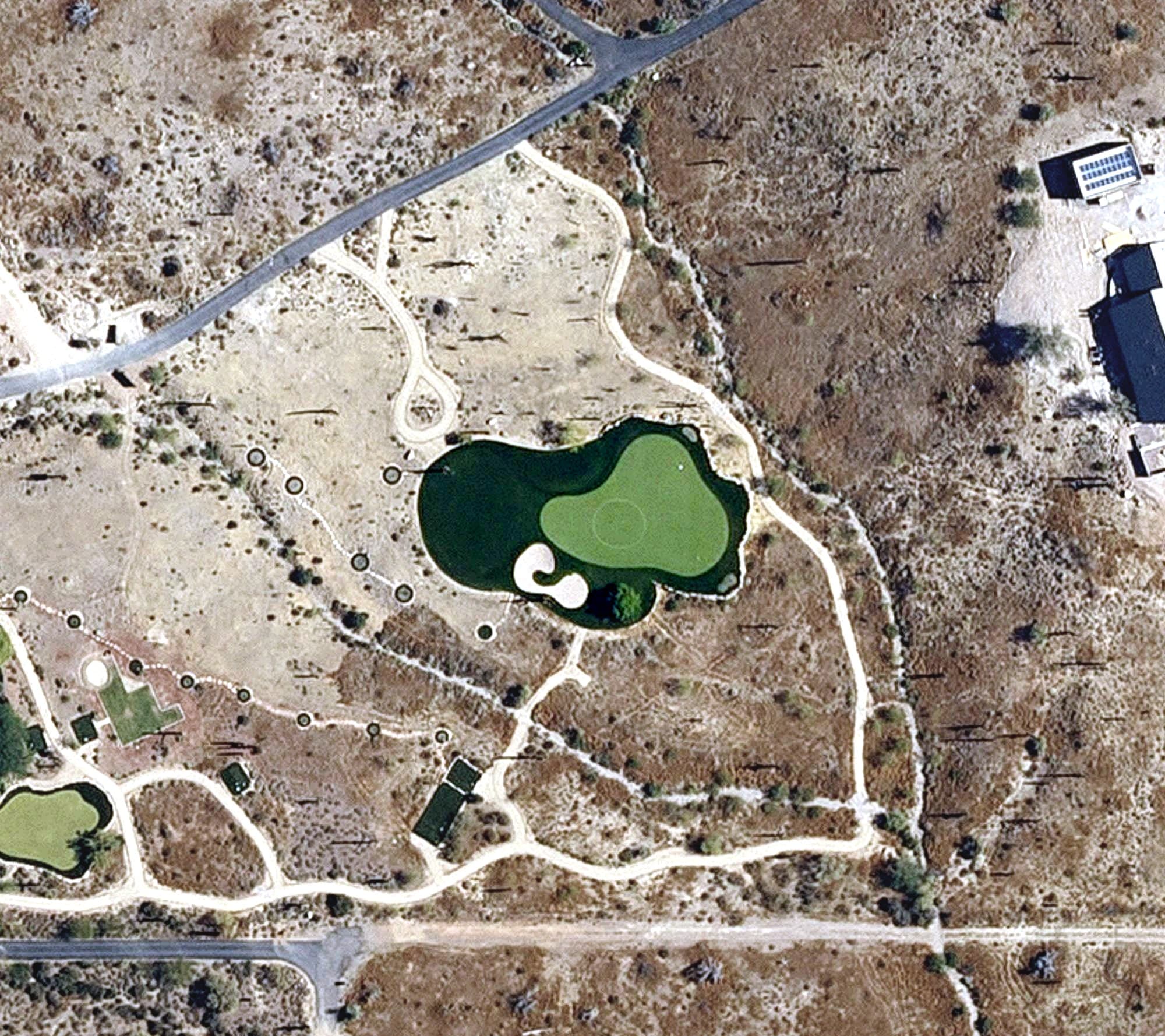 Aerial view of Private golf course, AZ, with its hole routing marked