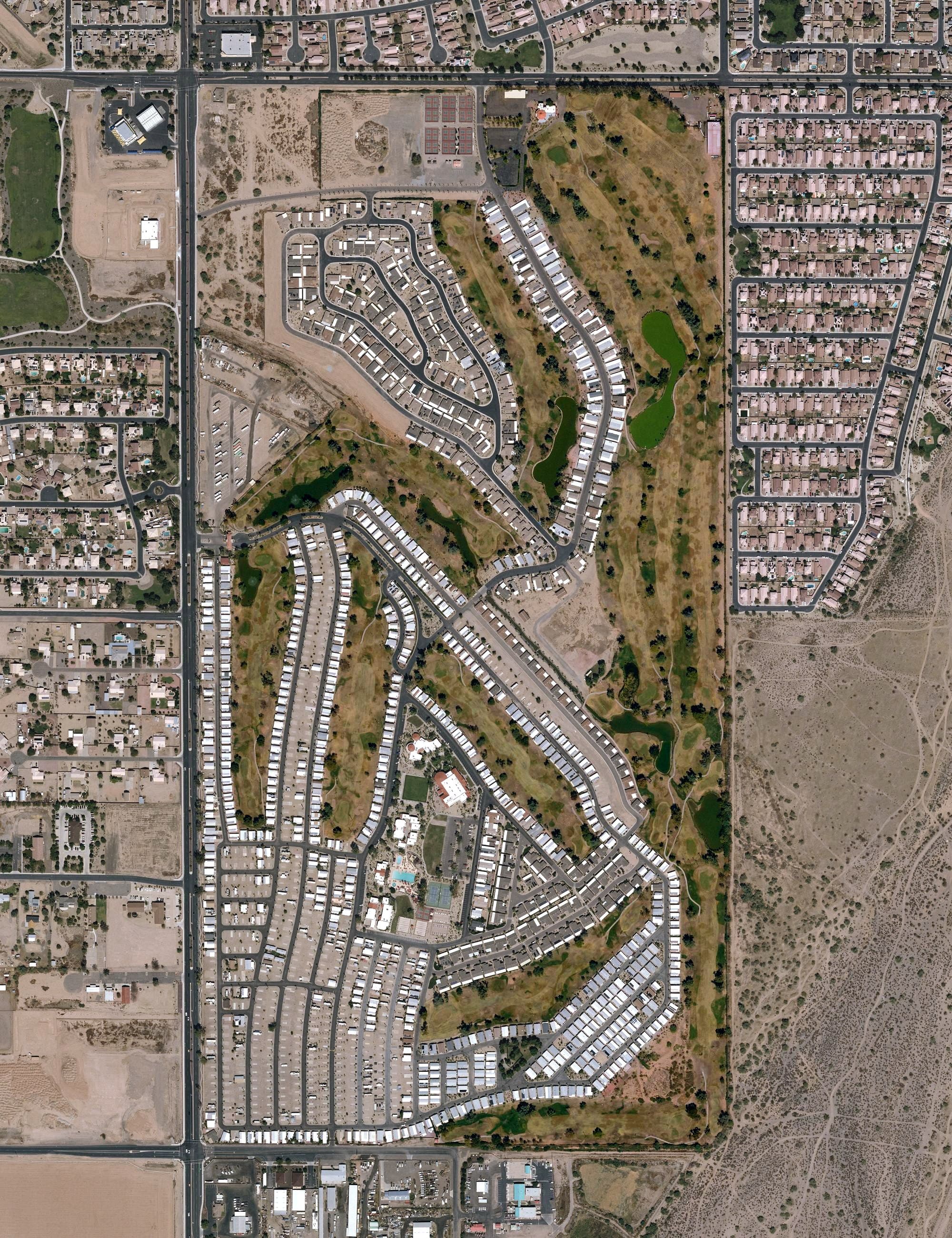 Aerial view of Pueblo El Mirage Golf Club, AZ, with its hole routing marked