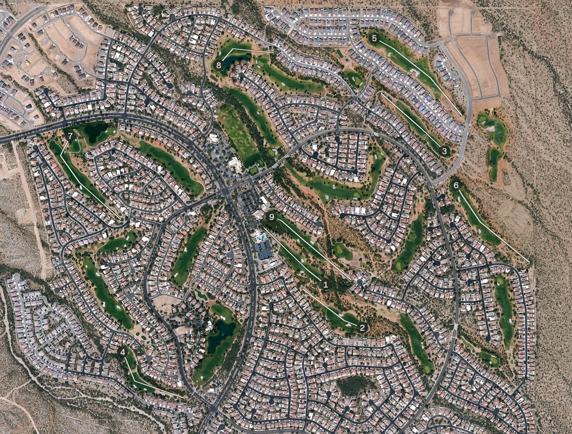 Aerial view of Quail Creek Golf Course, AZ, with its hole routing marked