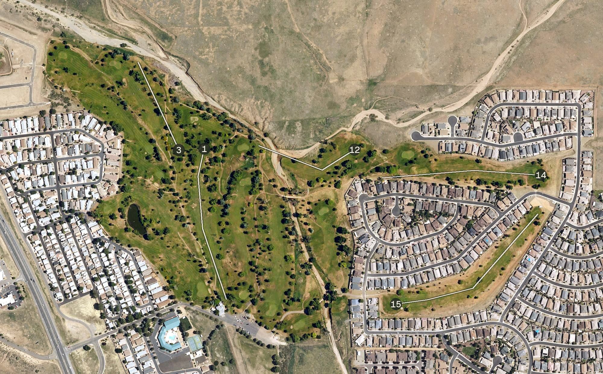 Aerial view of Quailwood Greens Golf Course, AZ, with its hole routing marked