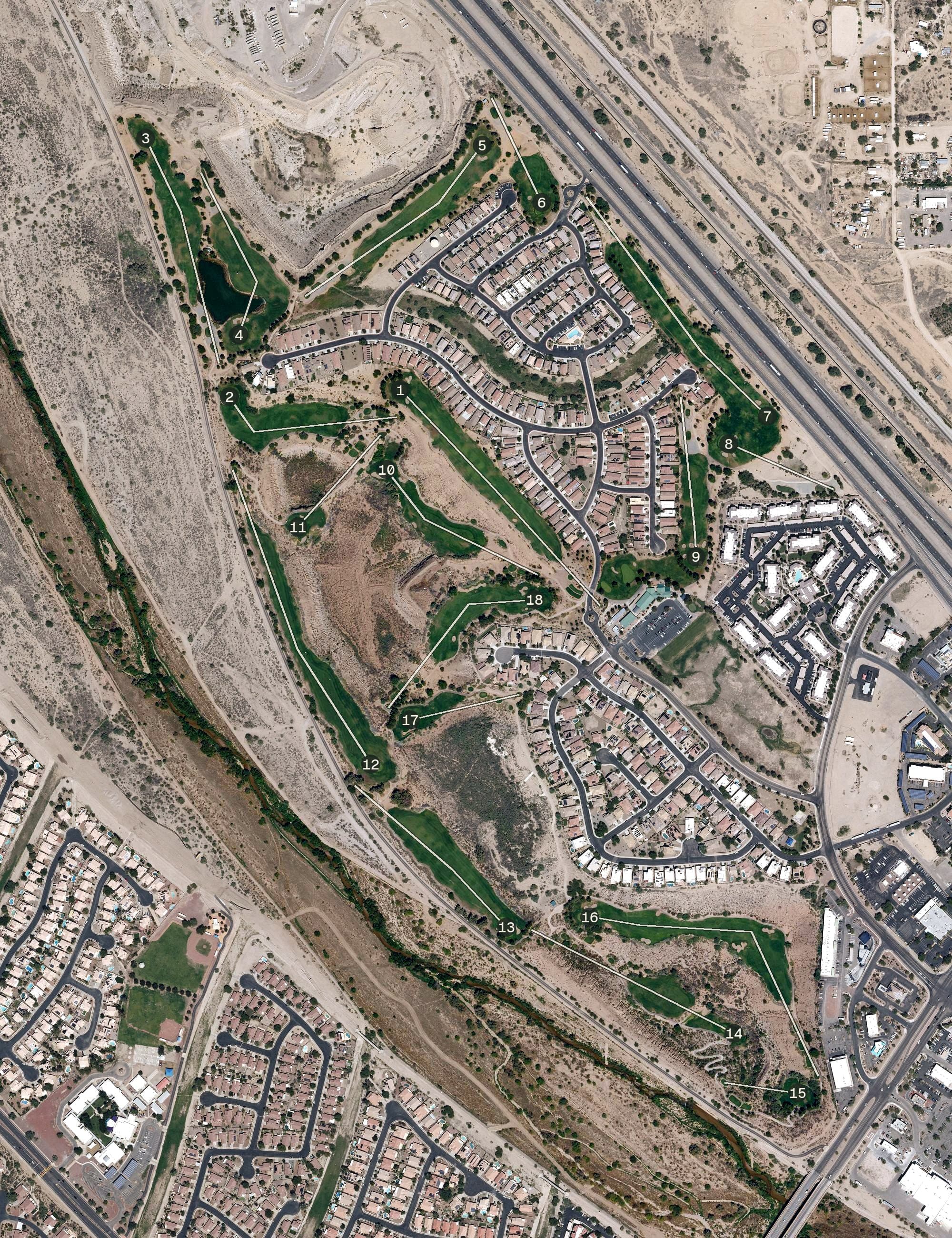 Aerial view of Quarry Pines Golf Club, AZ, with its hole routing marked