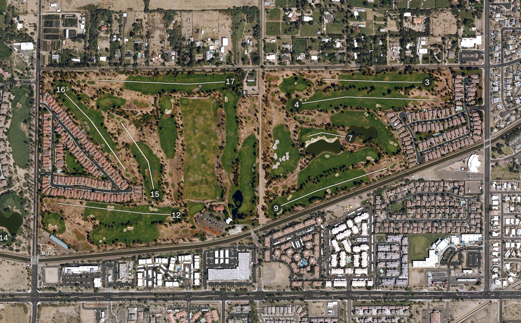 Aerial view of Raven Golf Club - Phoenix, AZ, with its hole routing marked
