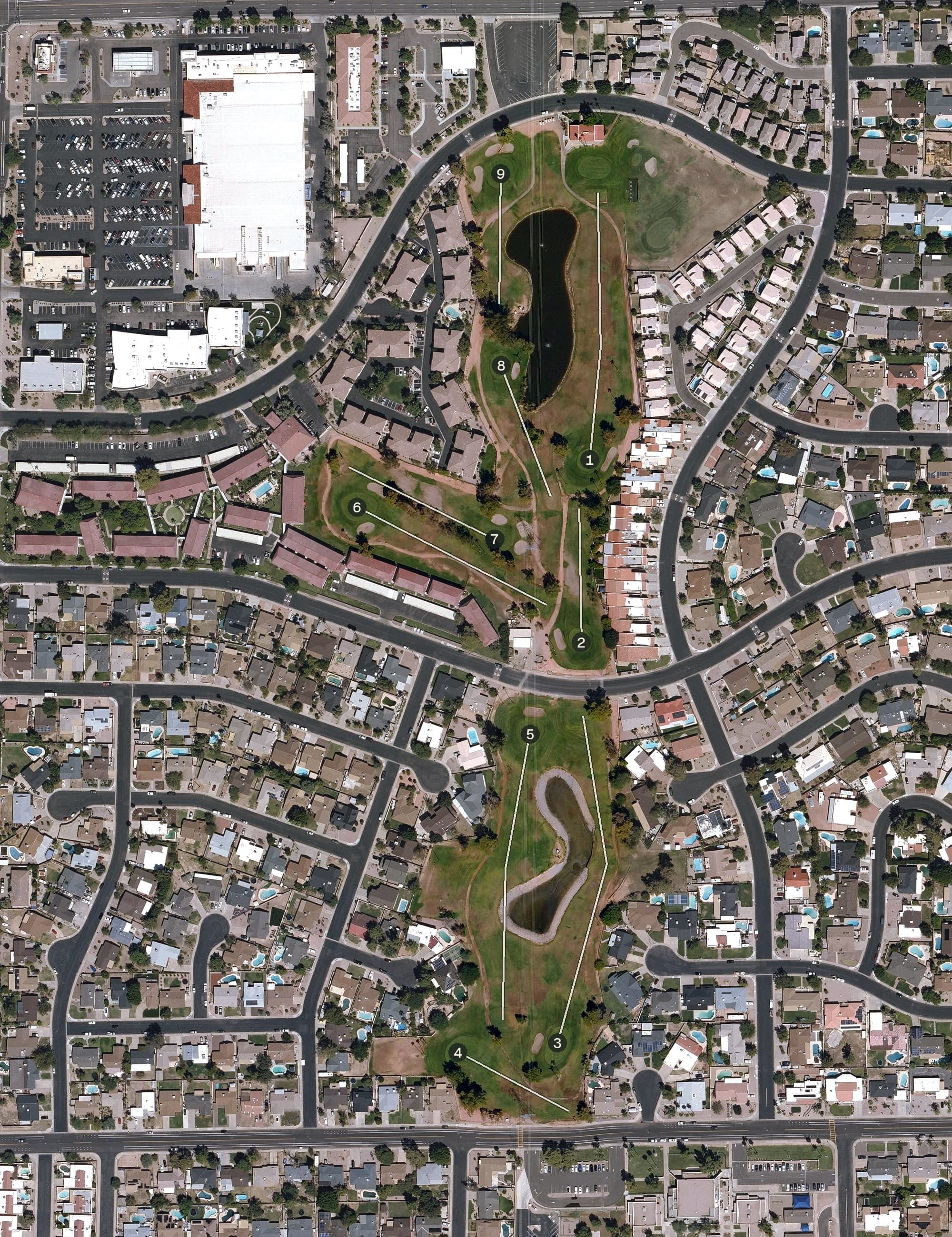 Aerial view of Royal Palms Golf Course, AZ, with its hole routing marked