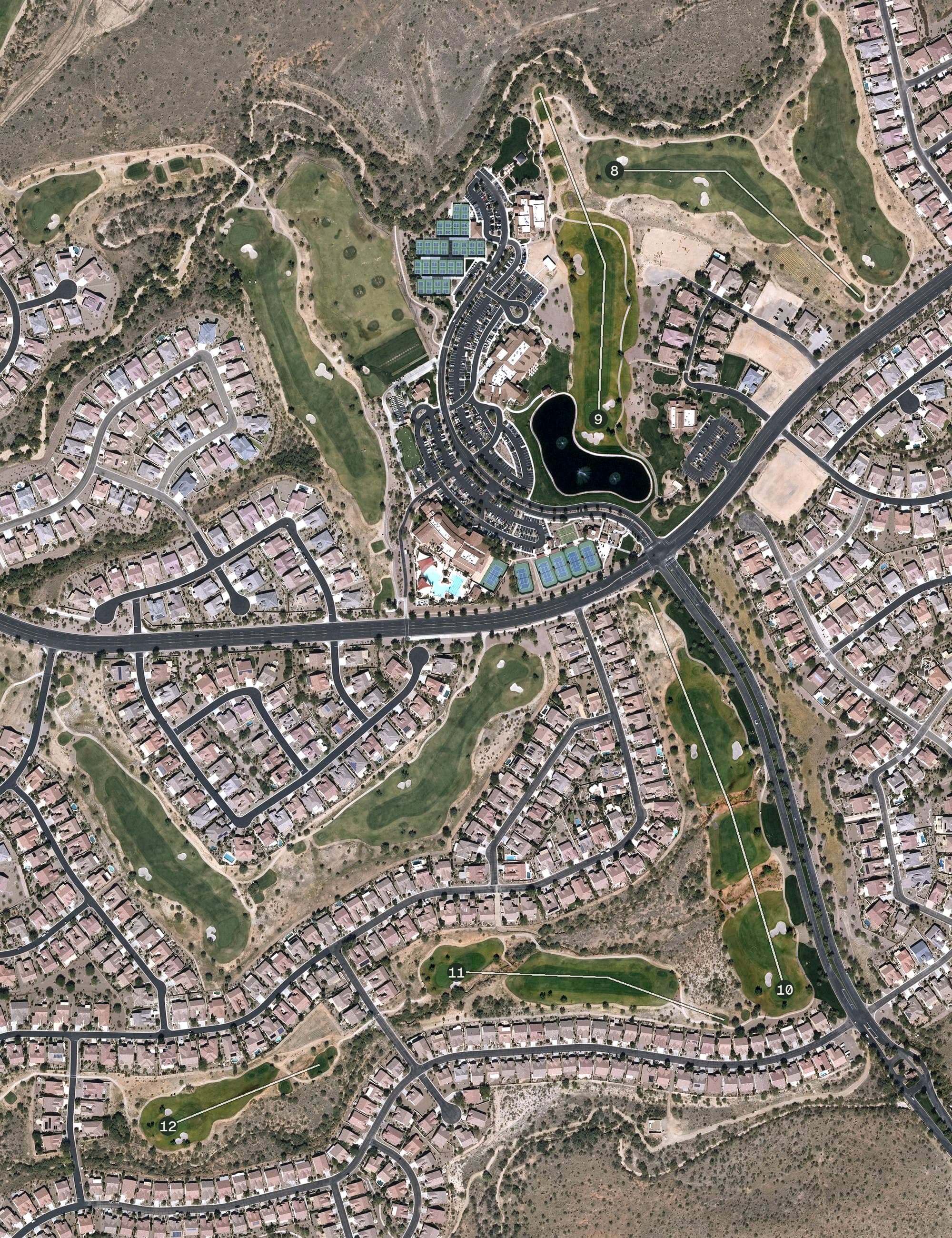 Aerial view of SaddleBrooke Ranch Golf Club, AZ, with its hole routing marked