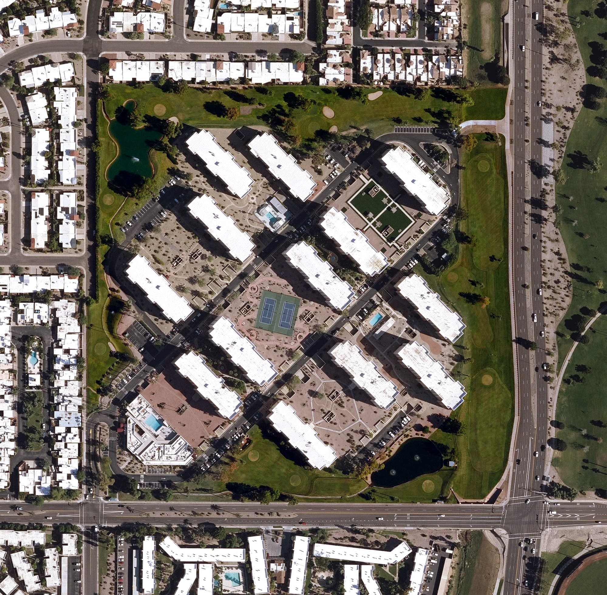 Aerial view of Scottsdale Shadows Executive Golf Course, AZ, with its hole routing marked
