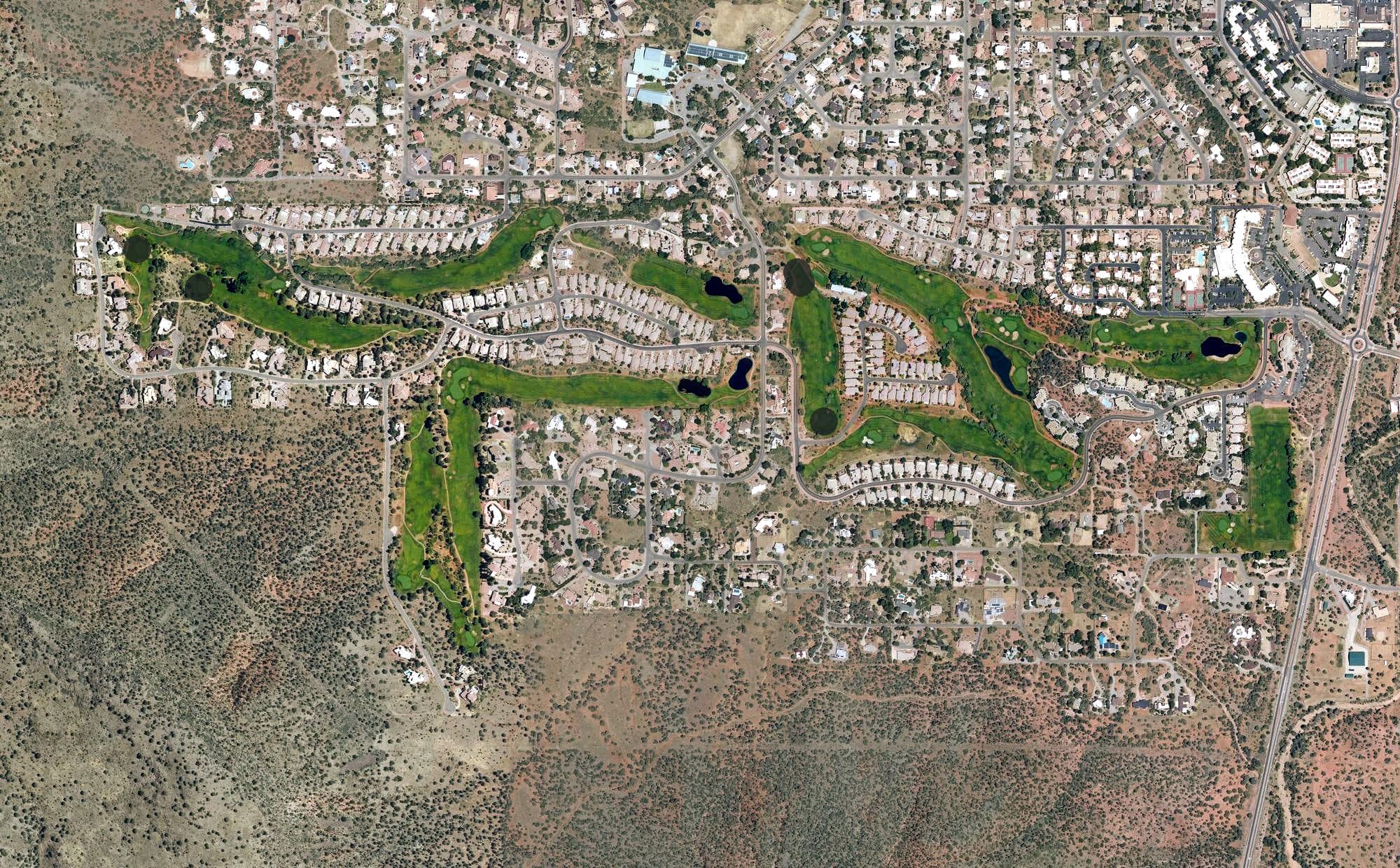 Aerial view of Sedona Golf Resort, AZ, with its hole routing marked