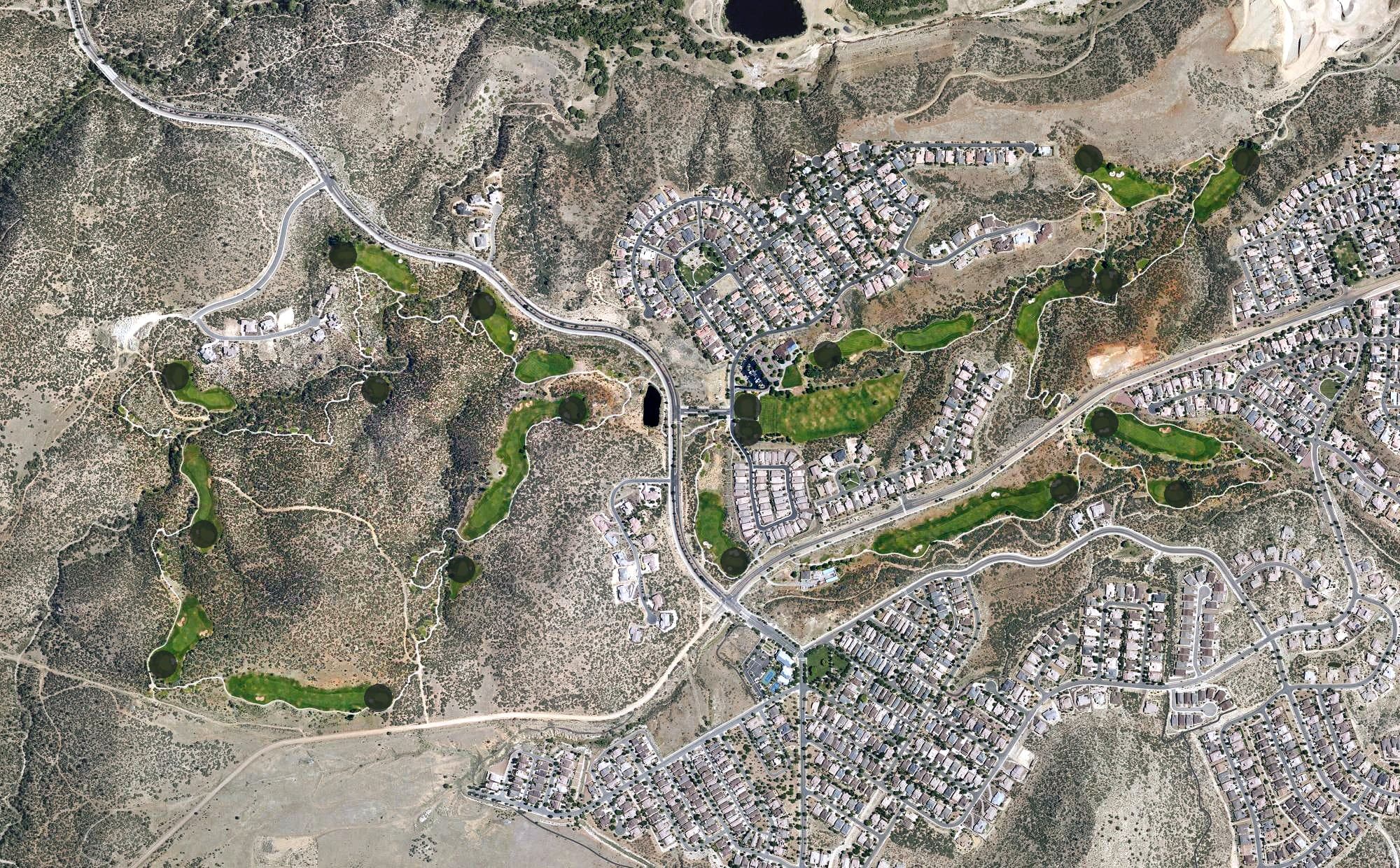 Aerial view of StoneRidge Golf Course, AZ, with its hole routing marked