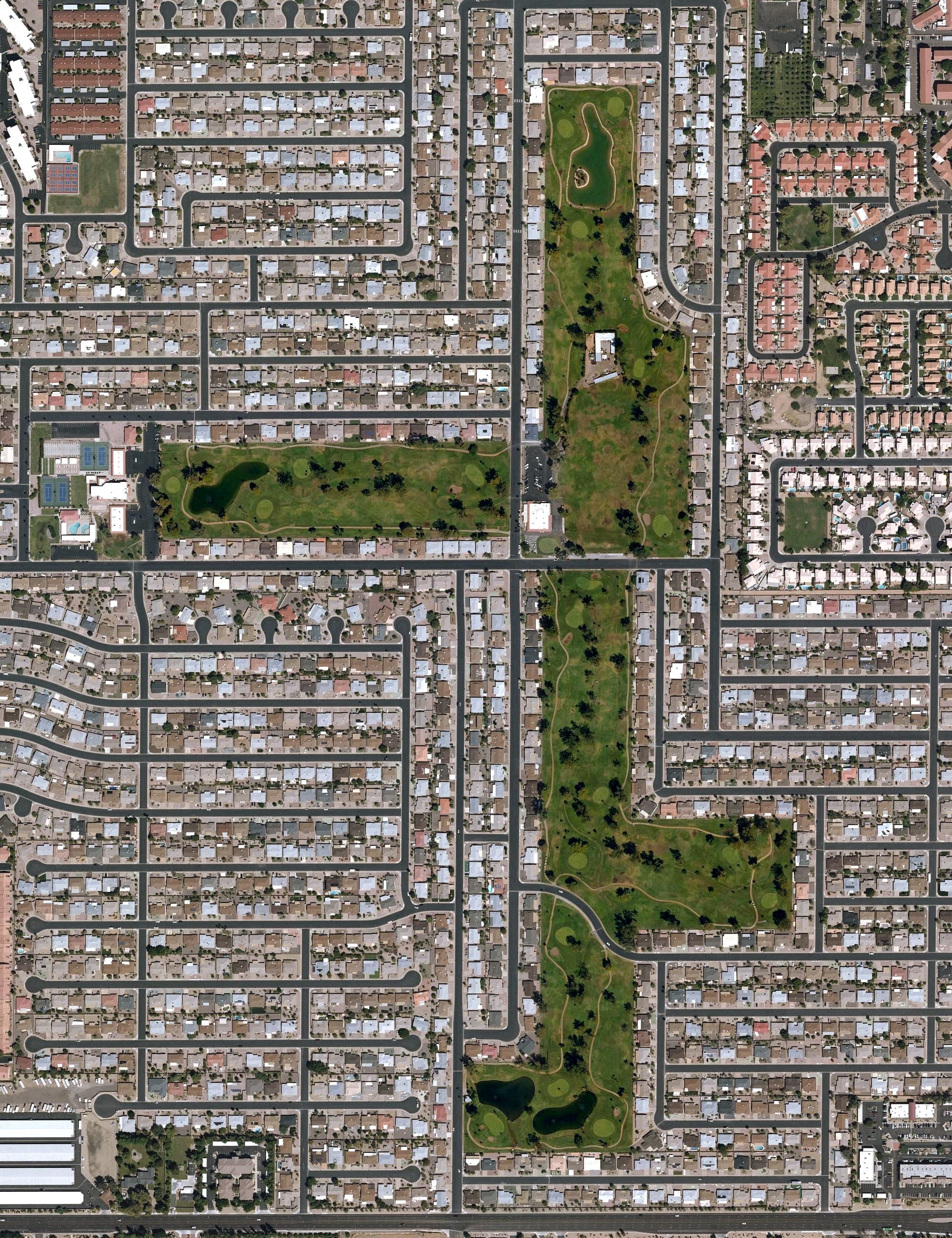 Aerial view of Sunland Village Golf Course, AZ, with its hole routing marked