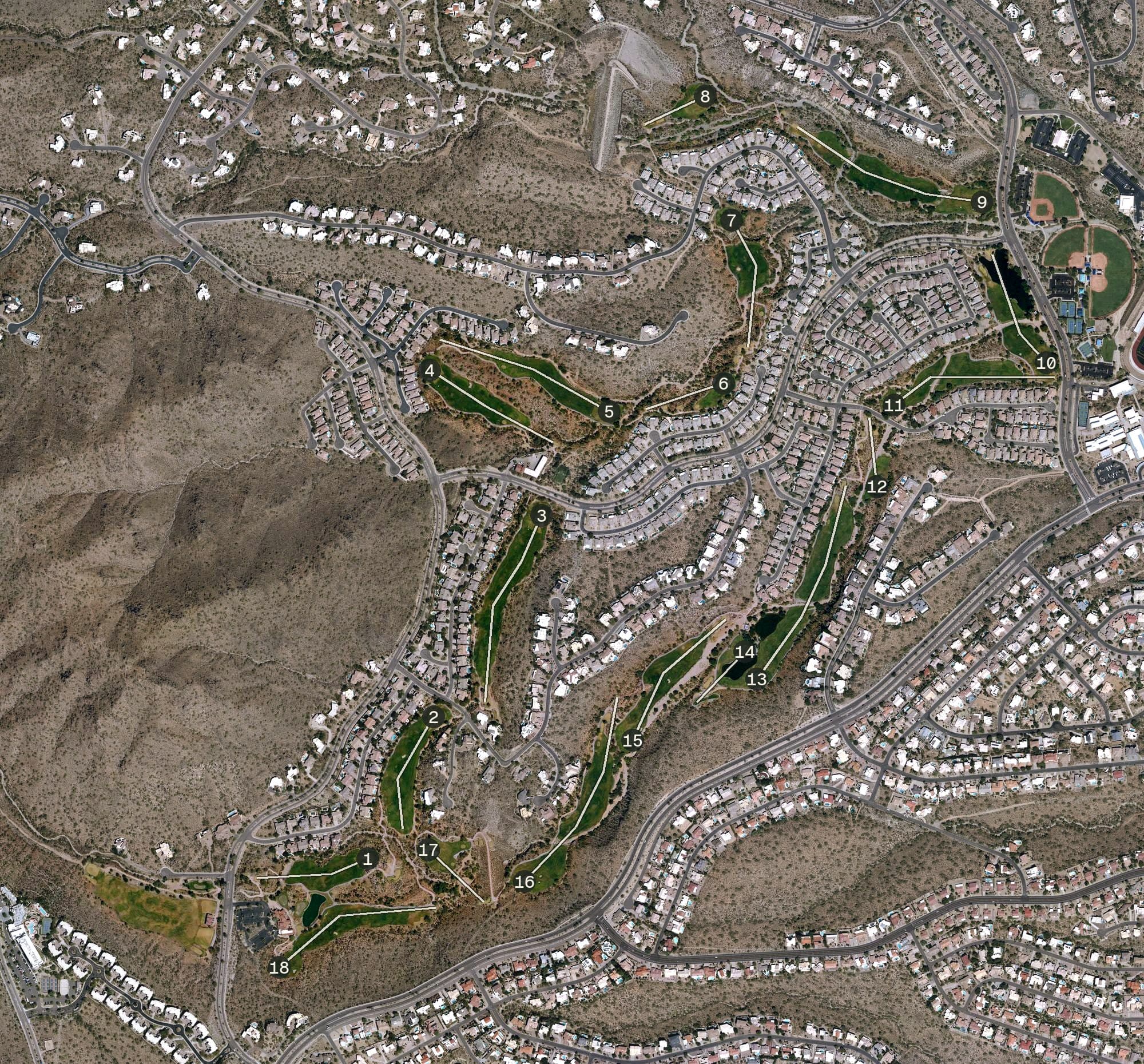 Aerial view of SunRidge Canyon Golf Club, AZ, with its hole routing marked