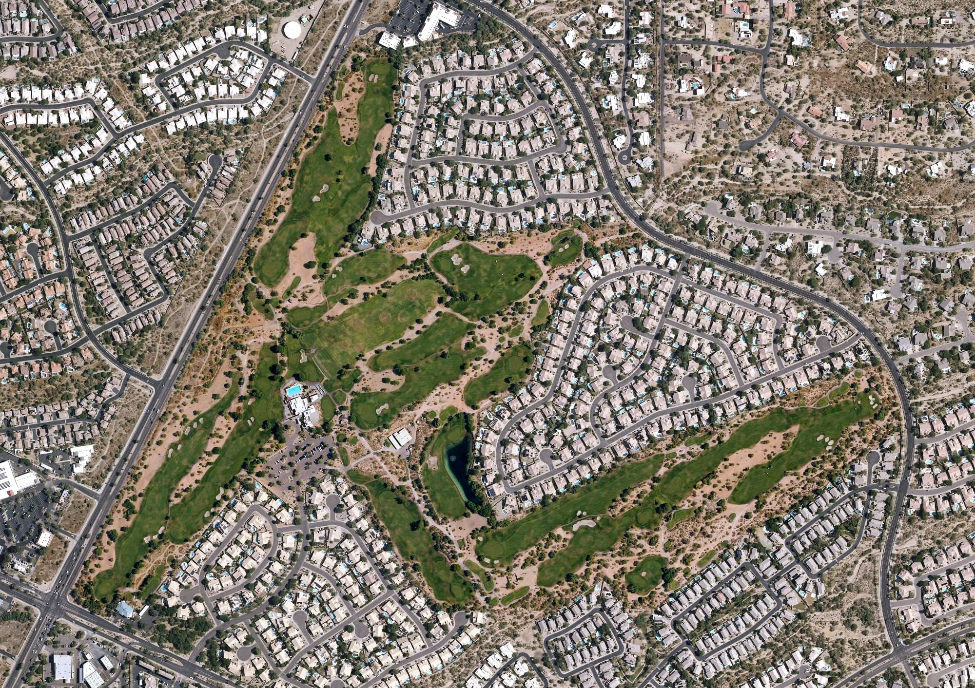 Aerial view of Tatum Ranch Golf Club, AZ, with its hole routing marked