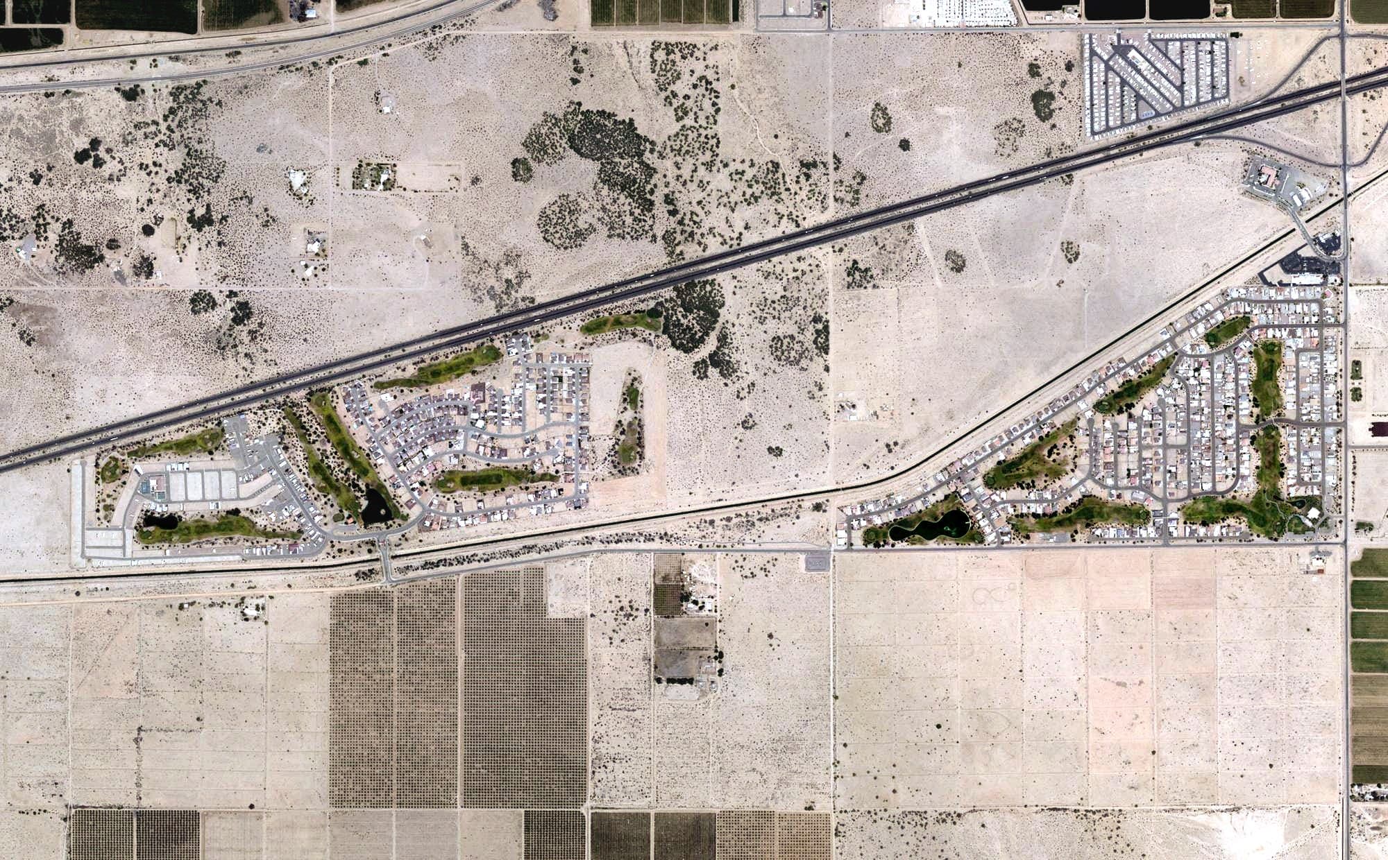 Aerial view of The Links at Coyote Wash, AZ, with its hole routing marked