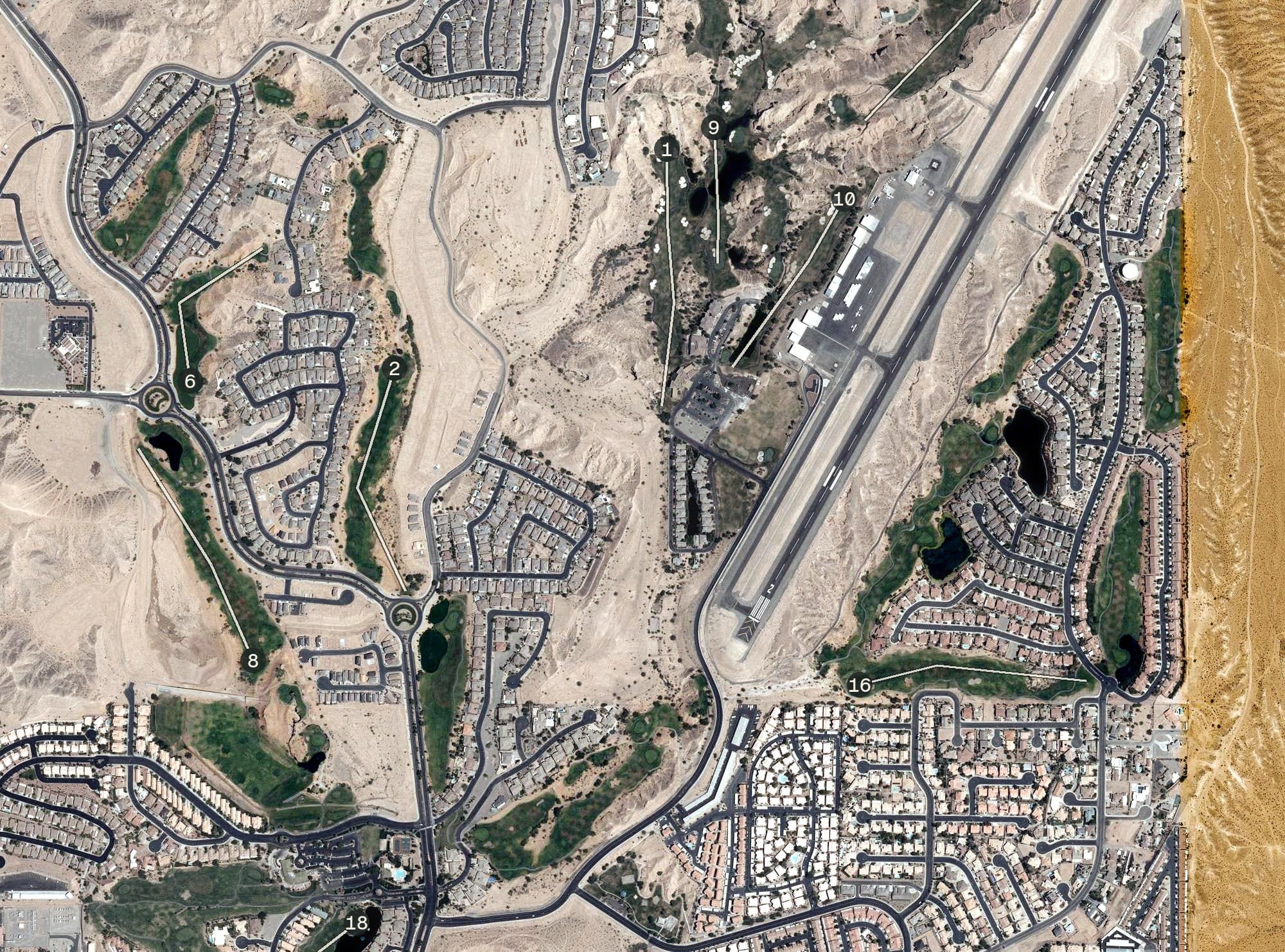 Aerial view of The Oasis - Canyons Course, AZ, with its hole routing marked
