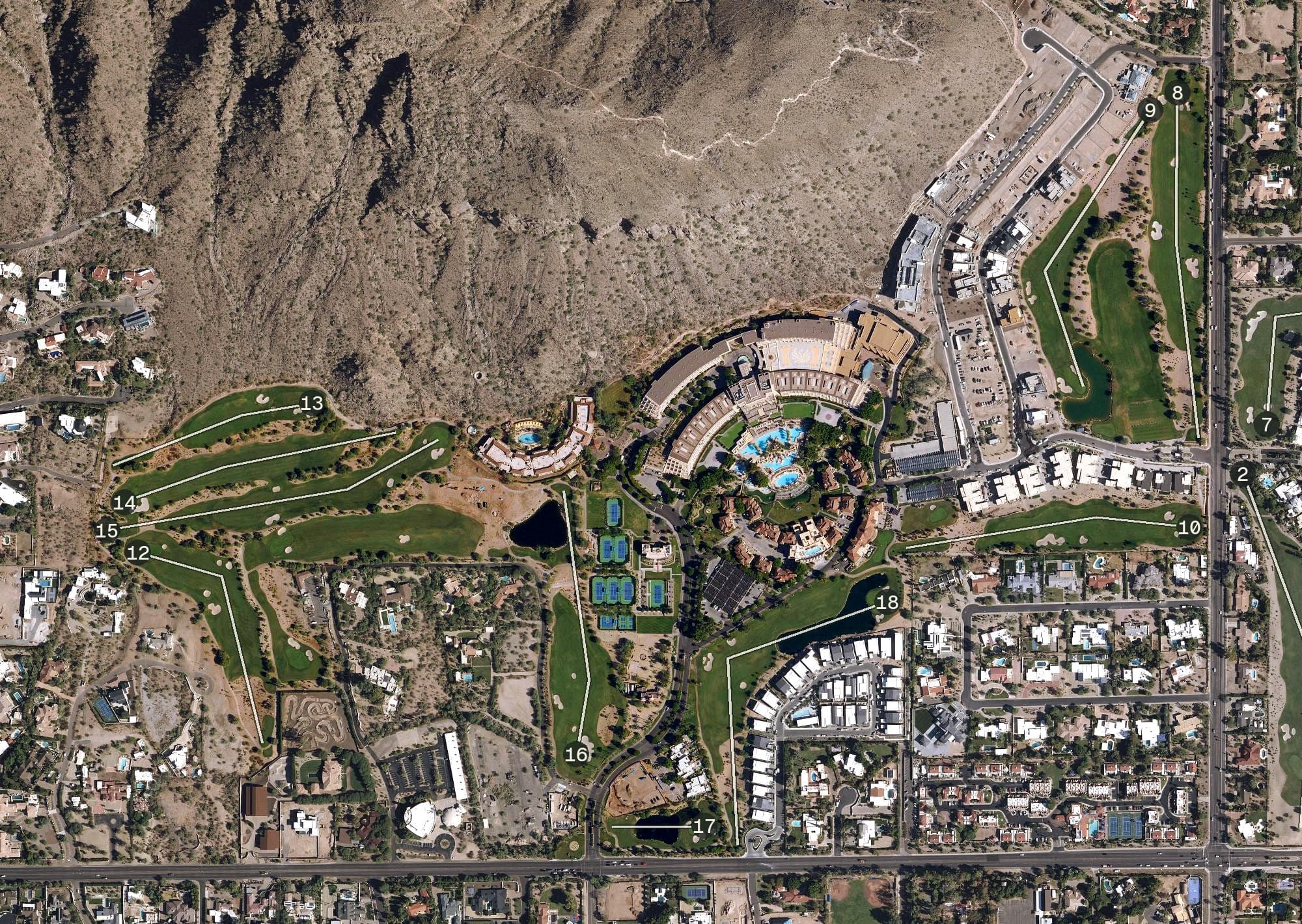 Aerial view of The Phoenician Resort, AZ, with its hole routing marked