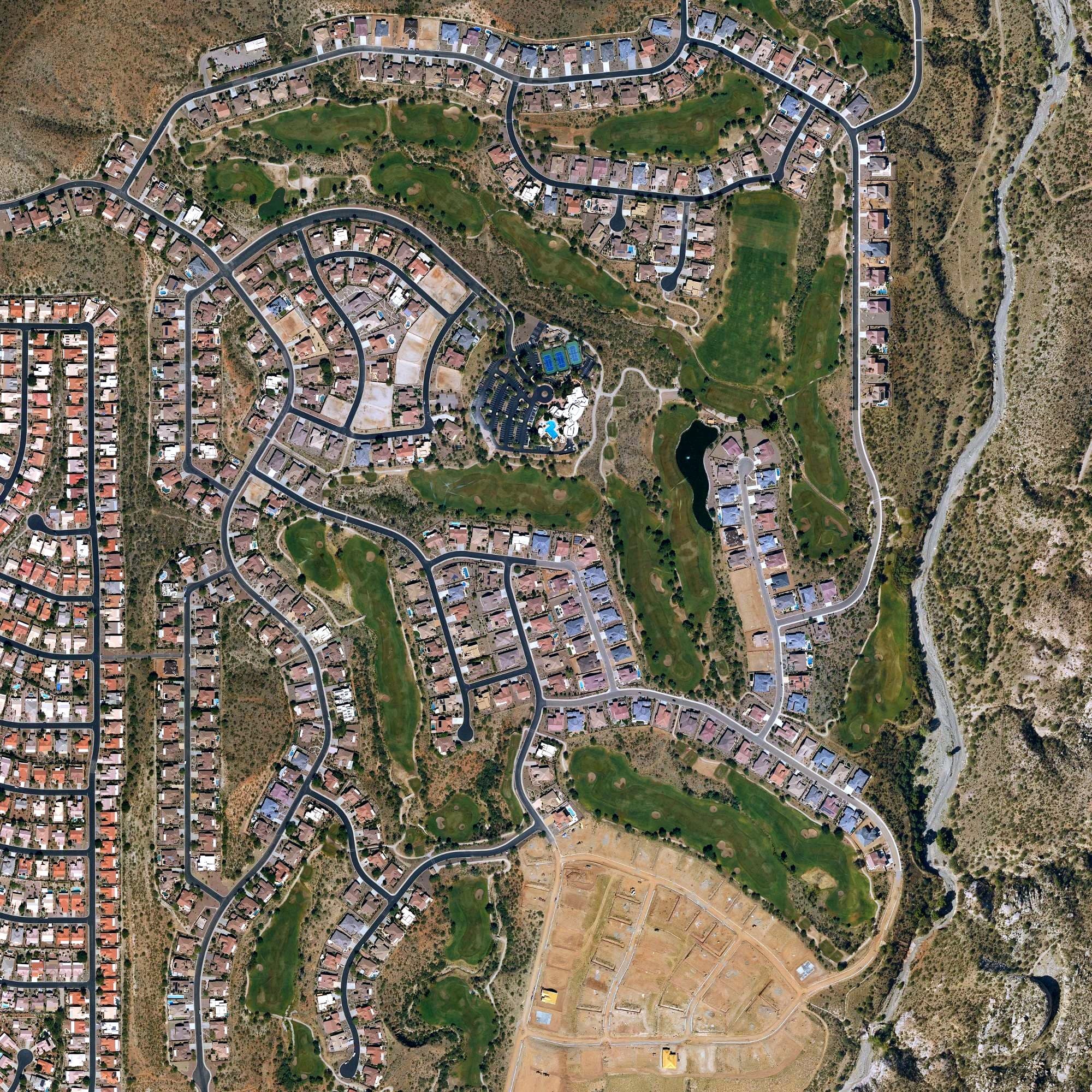 Aerial view of The Preserve Golf Course (Saddlebrooke Two), AZ, with its hole routing marked