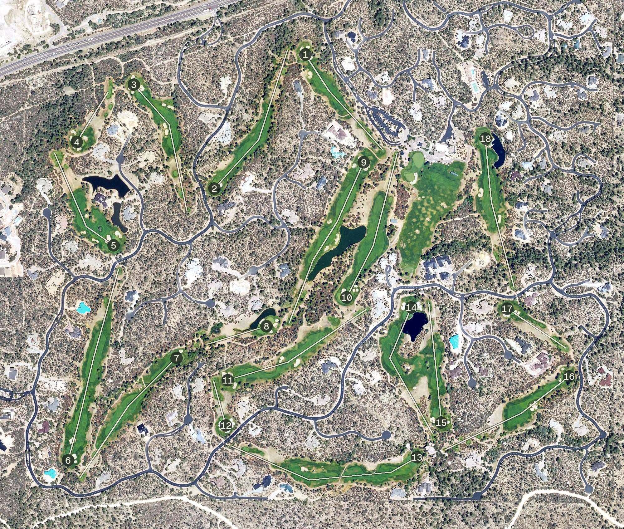 Aerial view of The Rim Golf Club, AZ, with its hole routing marked