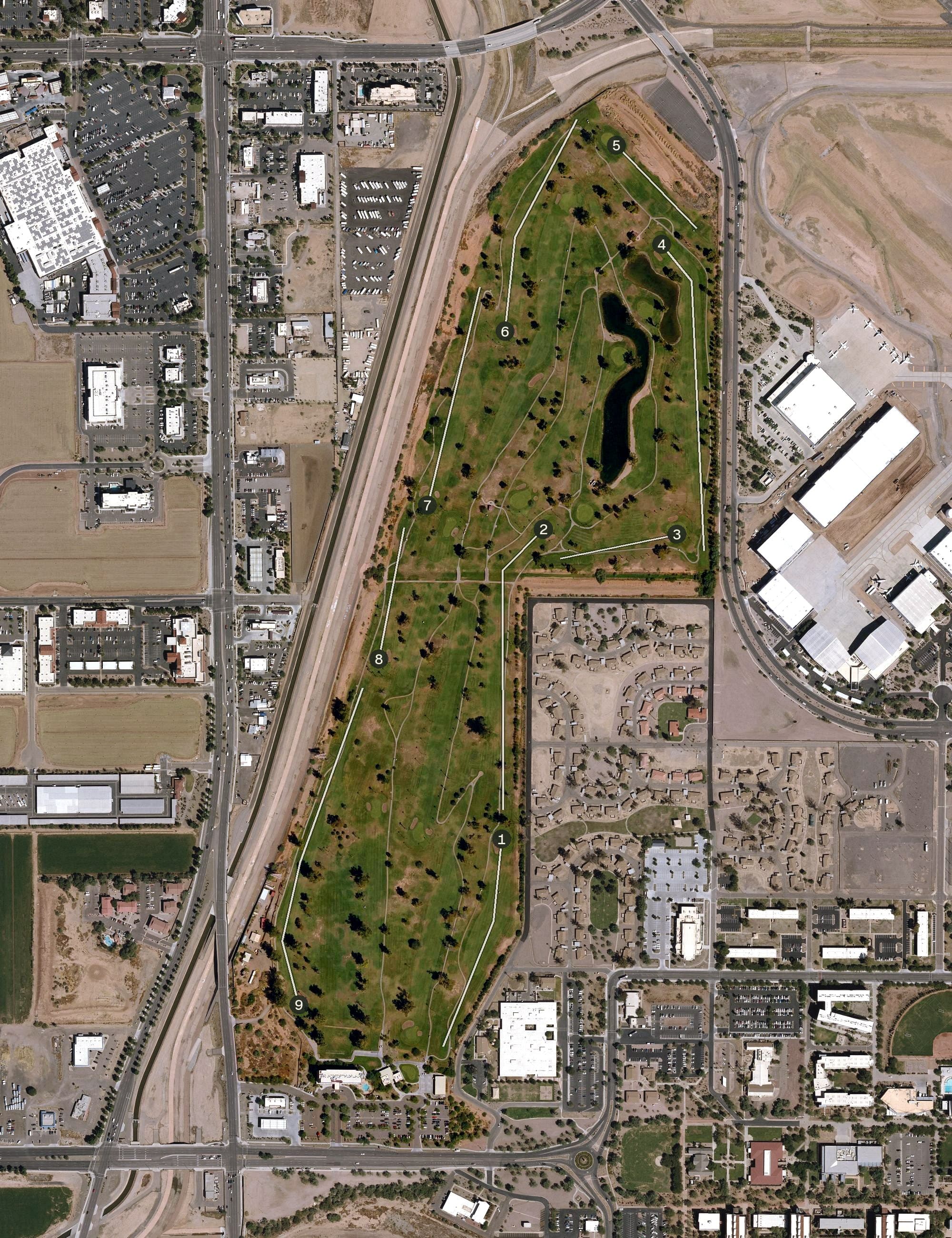 Aerial view of Toka Sticks Golf Course, AZ, with its hole routing marked